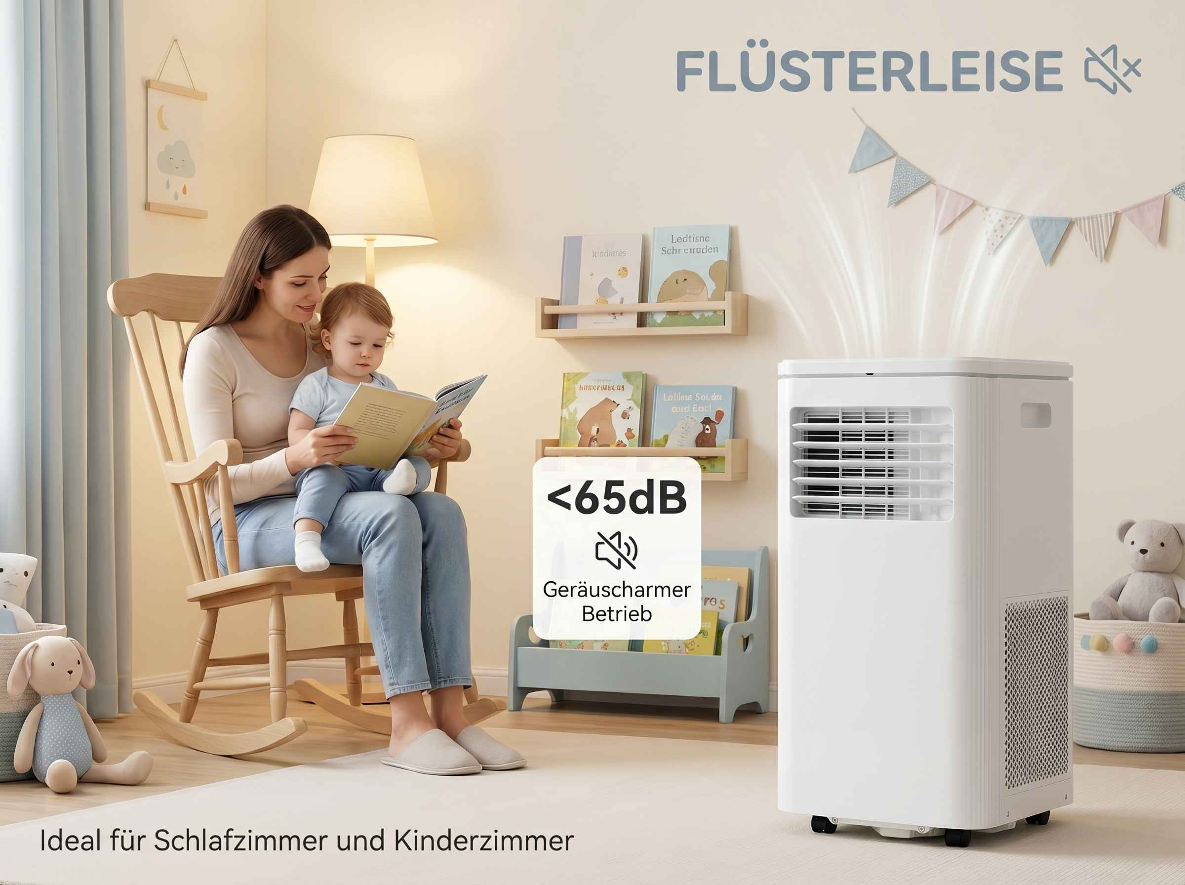 Mutter liest Baby ein Buch vor. Ein weißes Klimagerät steht daneben.