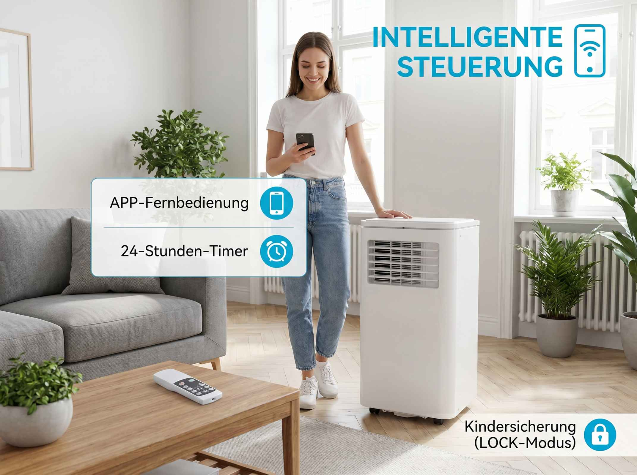 Frau mit Smartphone steht neben Klimaanlage mit Textanzeigen.