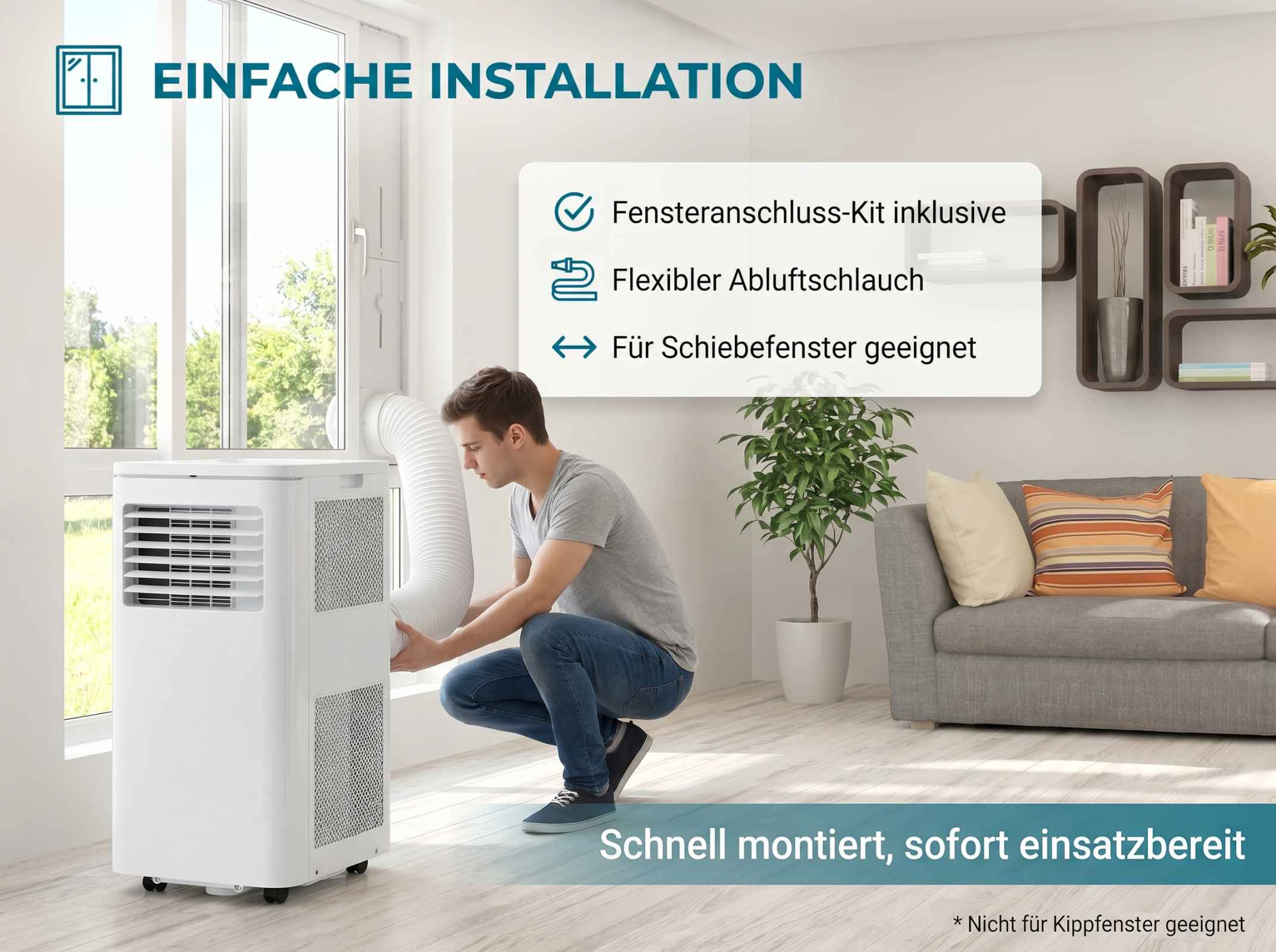 Mann installiert mobiles Klimagerät mit Abluftschlauch am Fenster.