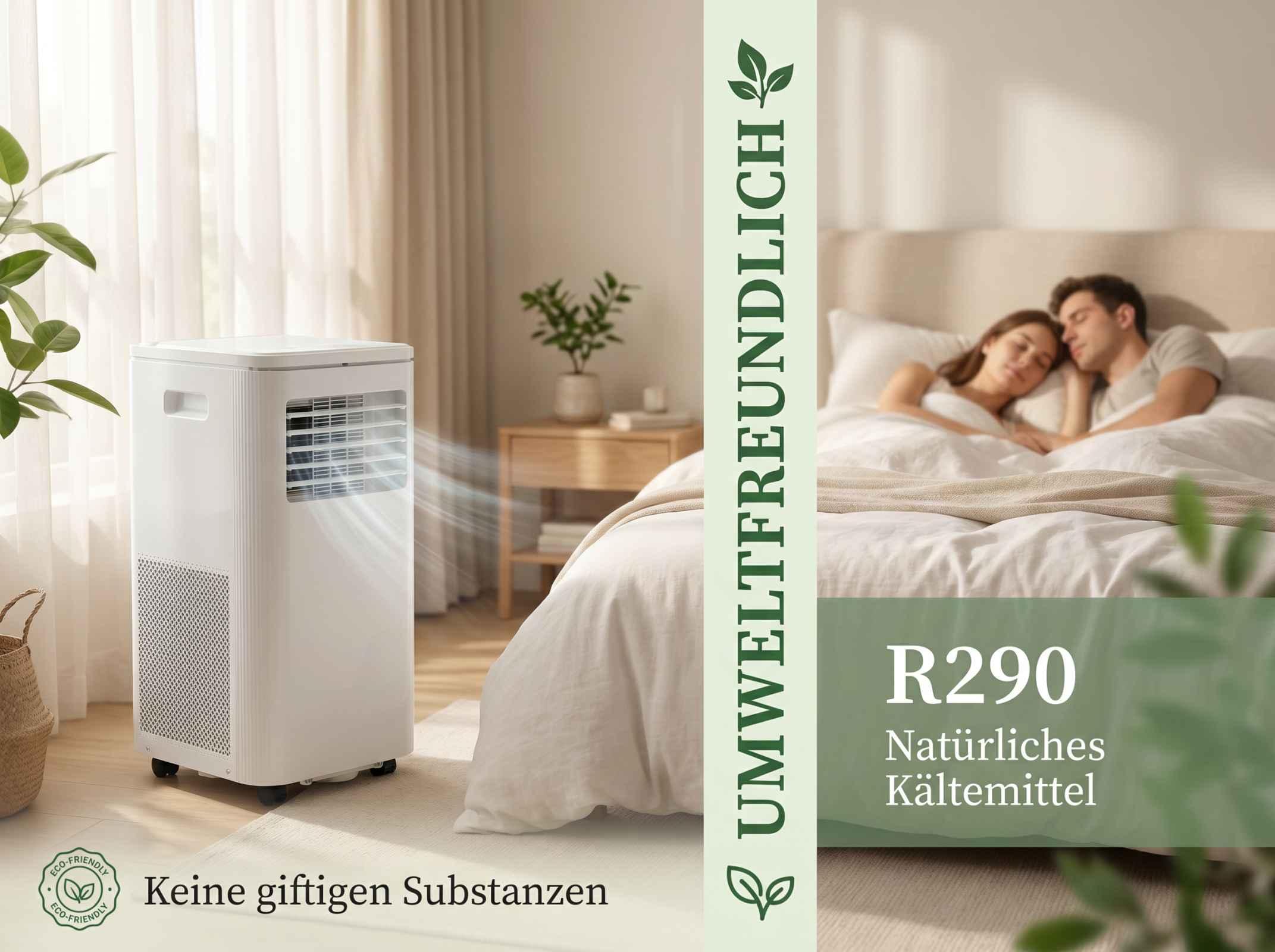 Ein weißes Klimagerät steht neben einem Bett, auf dem ein Paar schläft.
