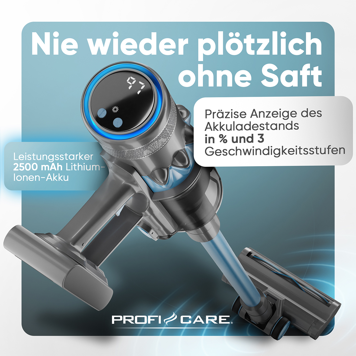 Ein grauer Akku-Staubsauger mit blauen Akzenten und Digitalanzeige. 2500 mAh Akku.