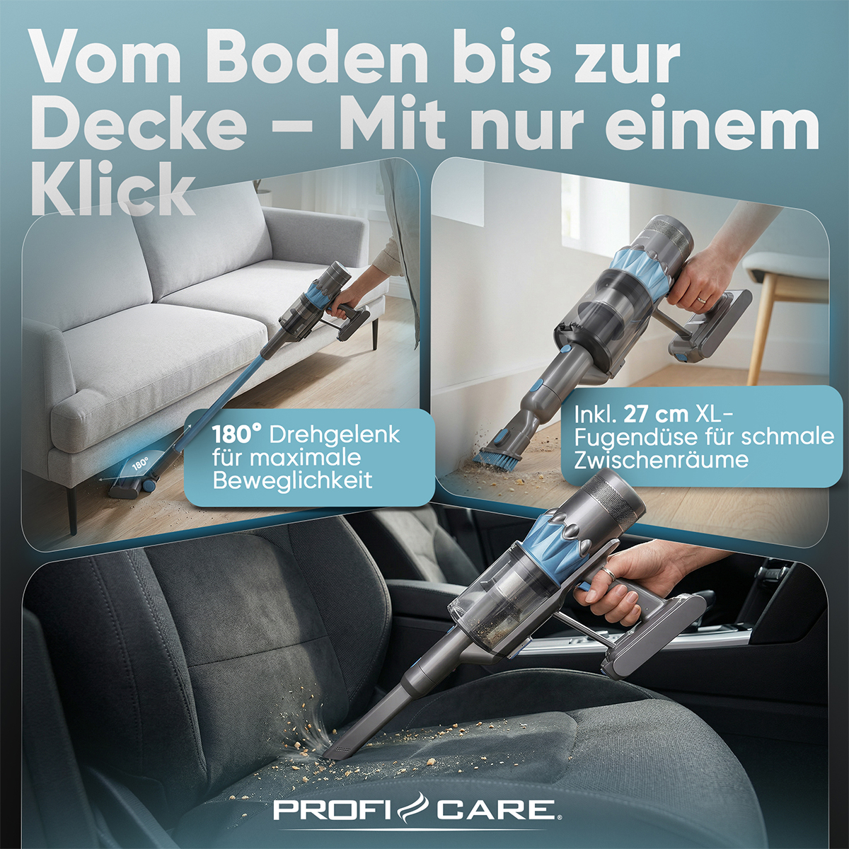 Akku-Staubsauger reinigt Sofa, enge Zwischenräume und Autositz.