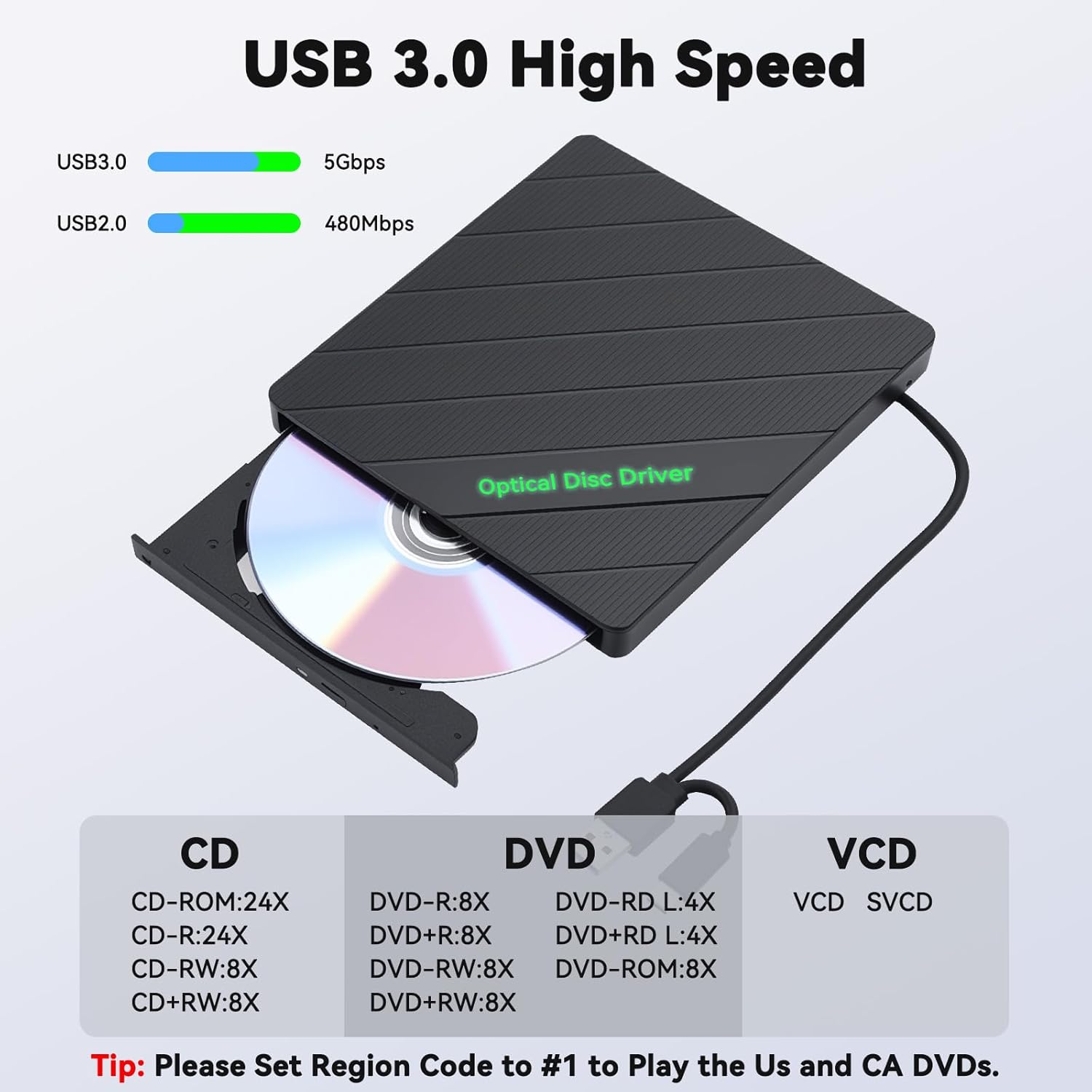 Schwarzer USB 3.0 externer optischer Laufwerk mit eingelegter CD und Spezifikationen.