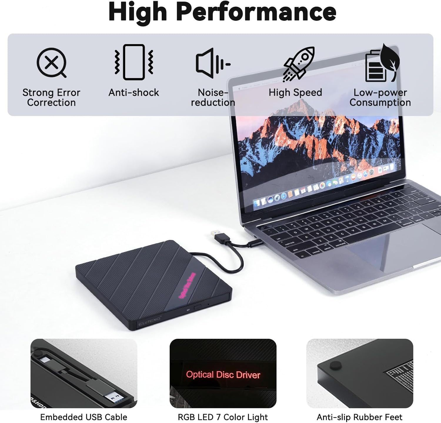 Ein schwarzer optischer Disc-Treiber wird an einen Laptop angeschlossen. Merkmale: USB-Kabel, RGB-Licht, rutschfeste Füße.