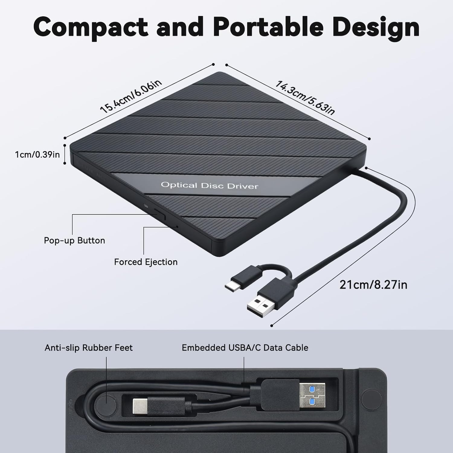 Schwarzer optischer Disc-Treiber mit USB-C-Kabel. Maße: 15,4x14,3x1cm.