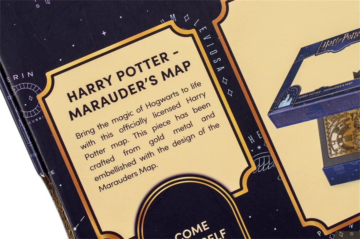 Harry Potter Marauder's Map Schatulle und Beschreibung mit Goldmetalldetails auf Dunkelblau.