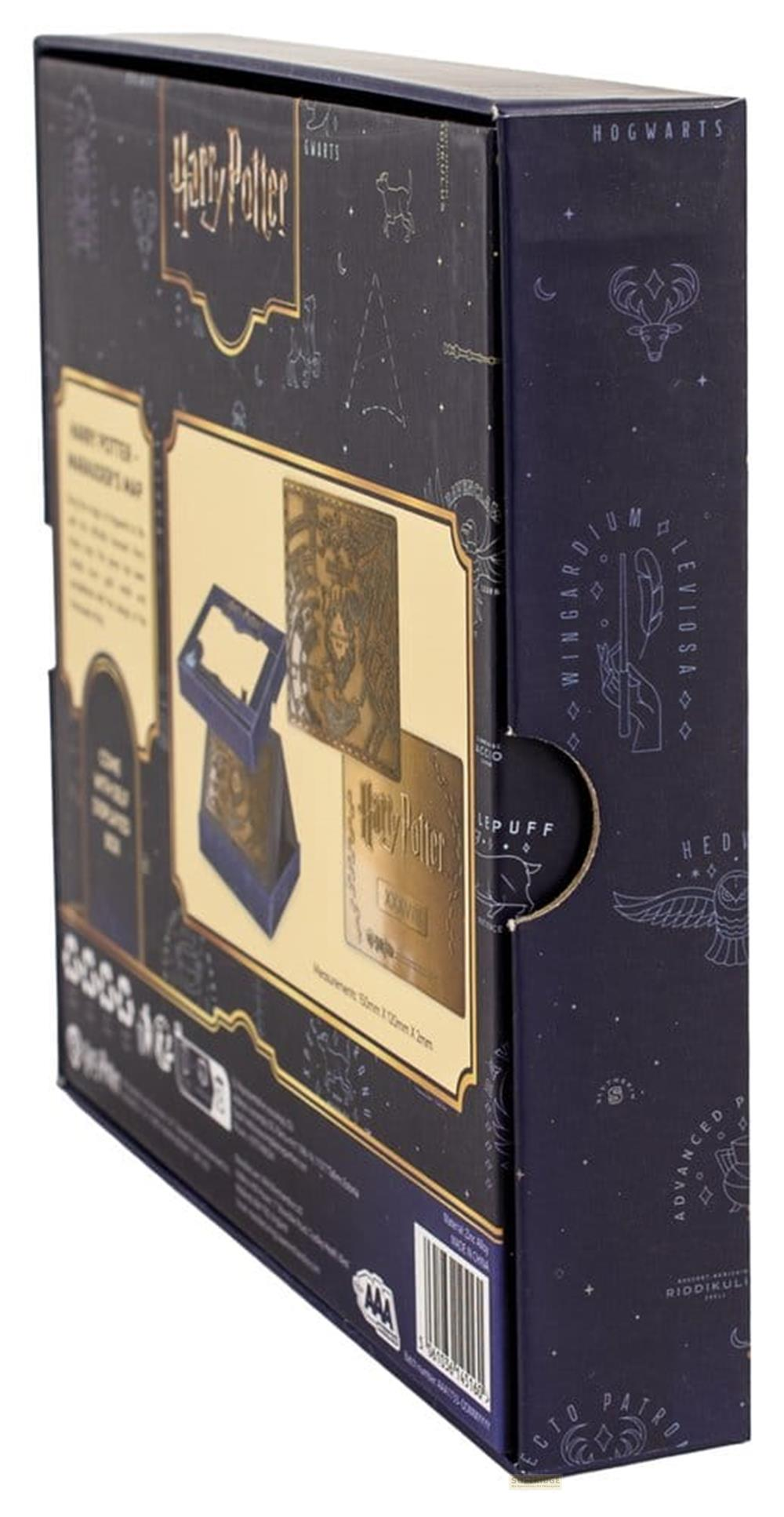 Dunkelblaue Harry Potter Box mit Hogwarts-Motiven und goldenen Details.