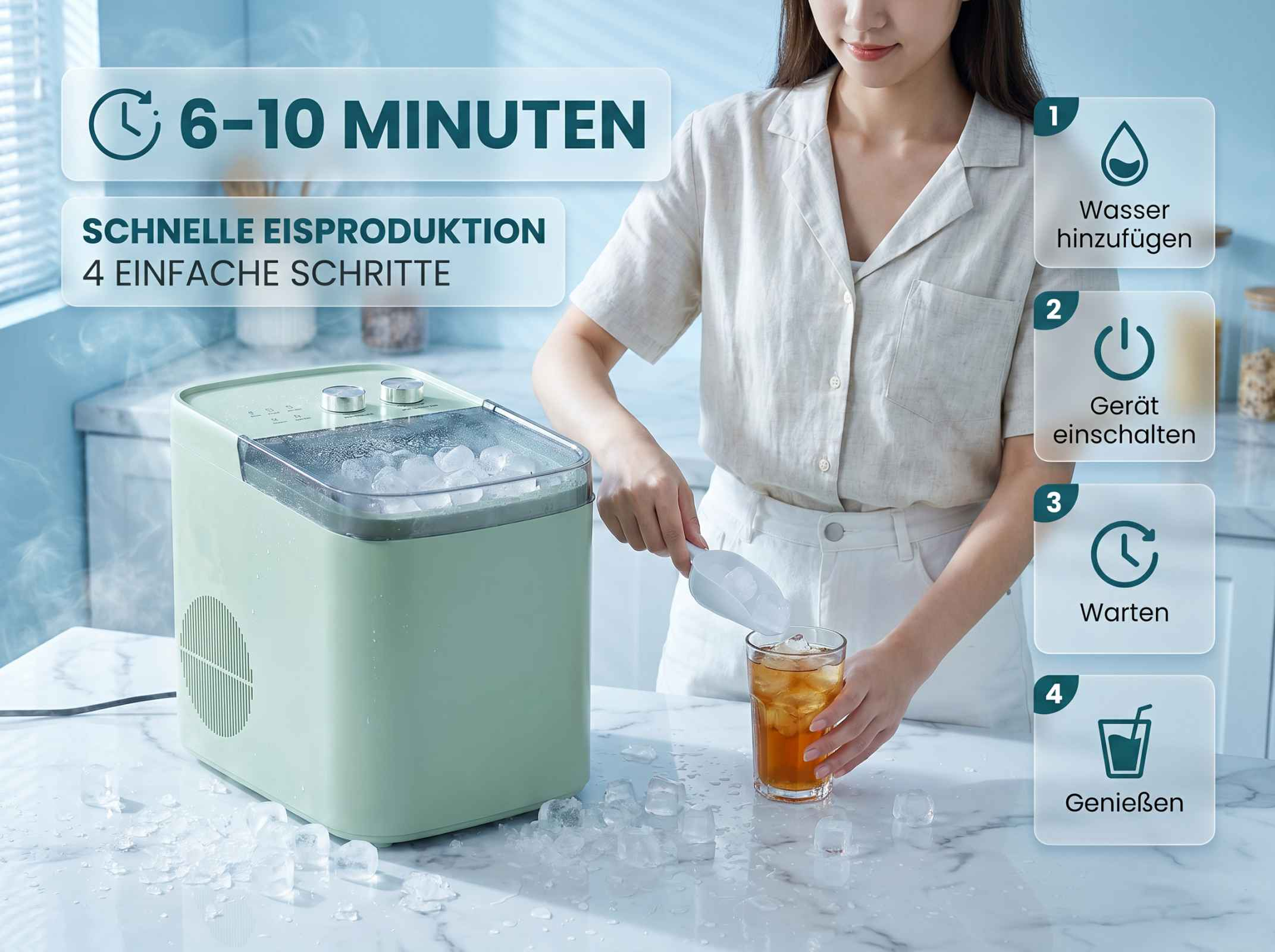 Eine Frau gibt Eiswürfel in ein Glas. Ein Eisbereiter steht daneben.