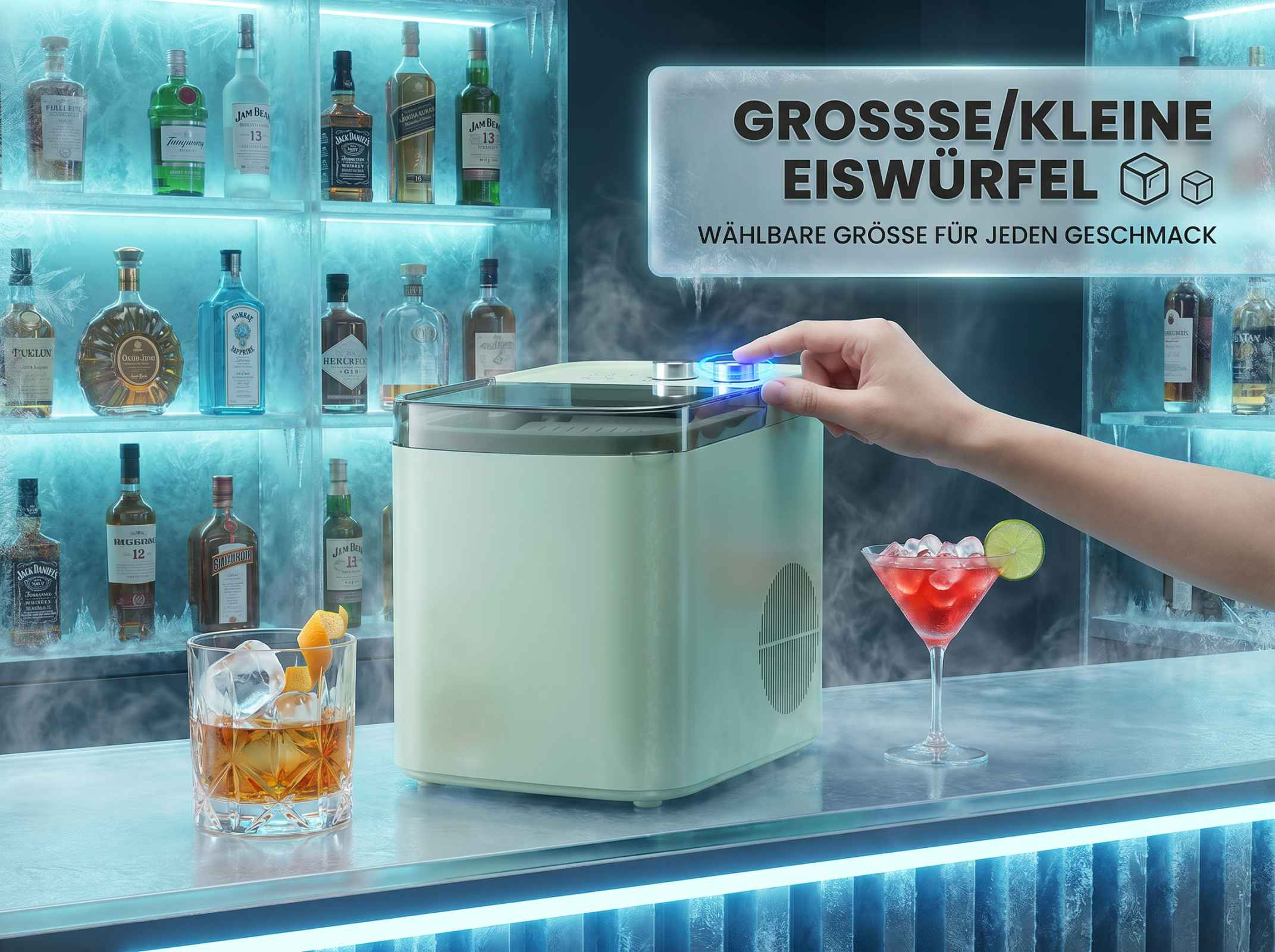 Eine Hand bedient eine Eismaschine mit Eiswürfeln, um Getränke zuzubereiten.