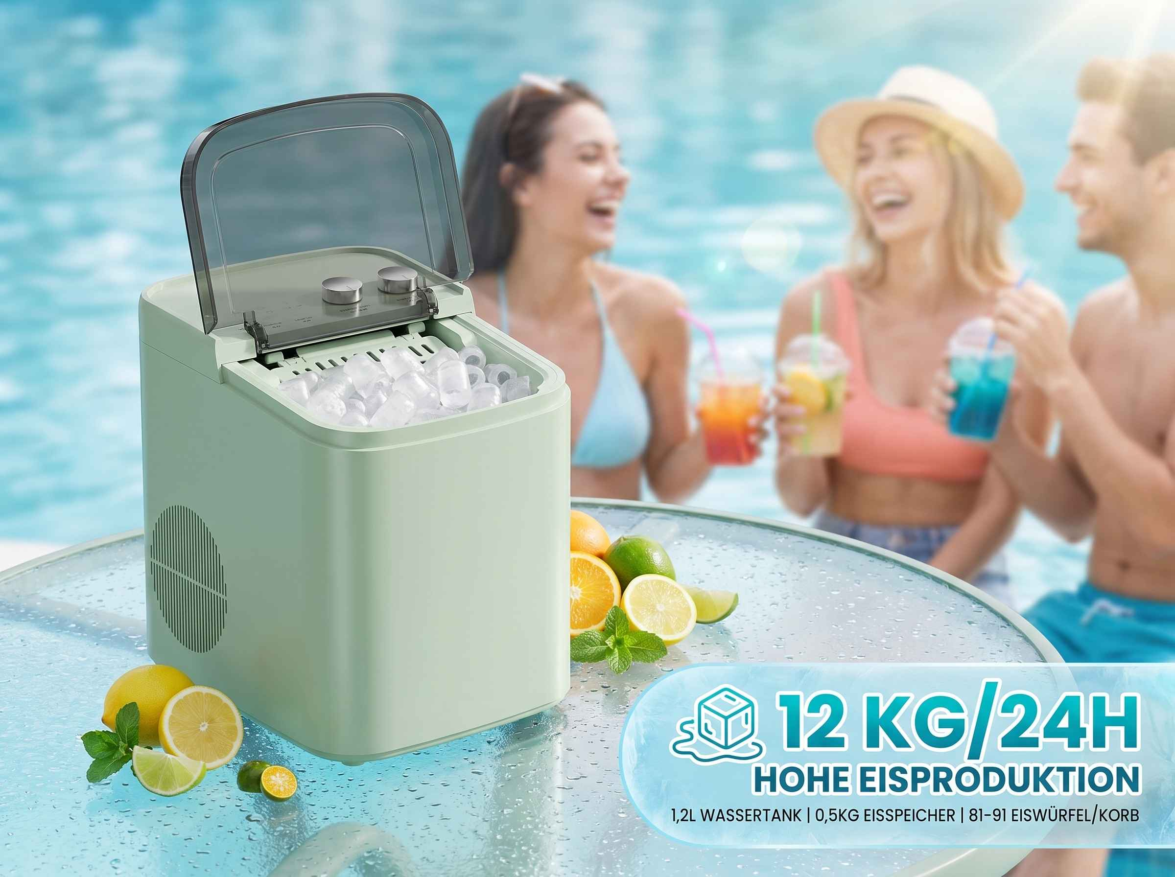 Grüne Eismaschine am Pool mit Früchten, 12kg/24h Produktion.