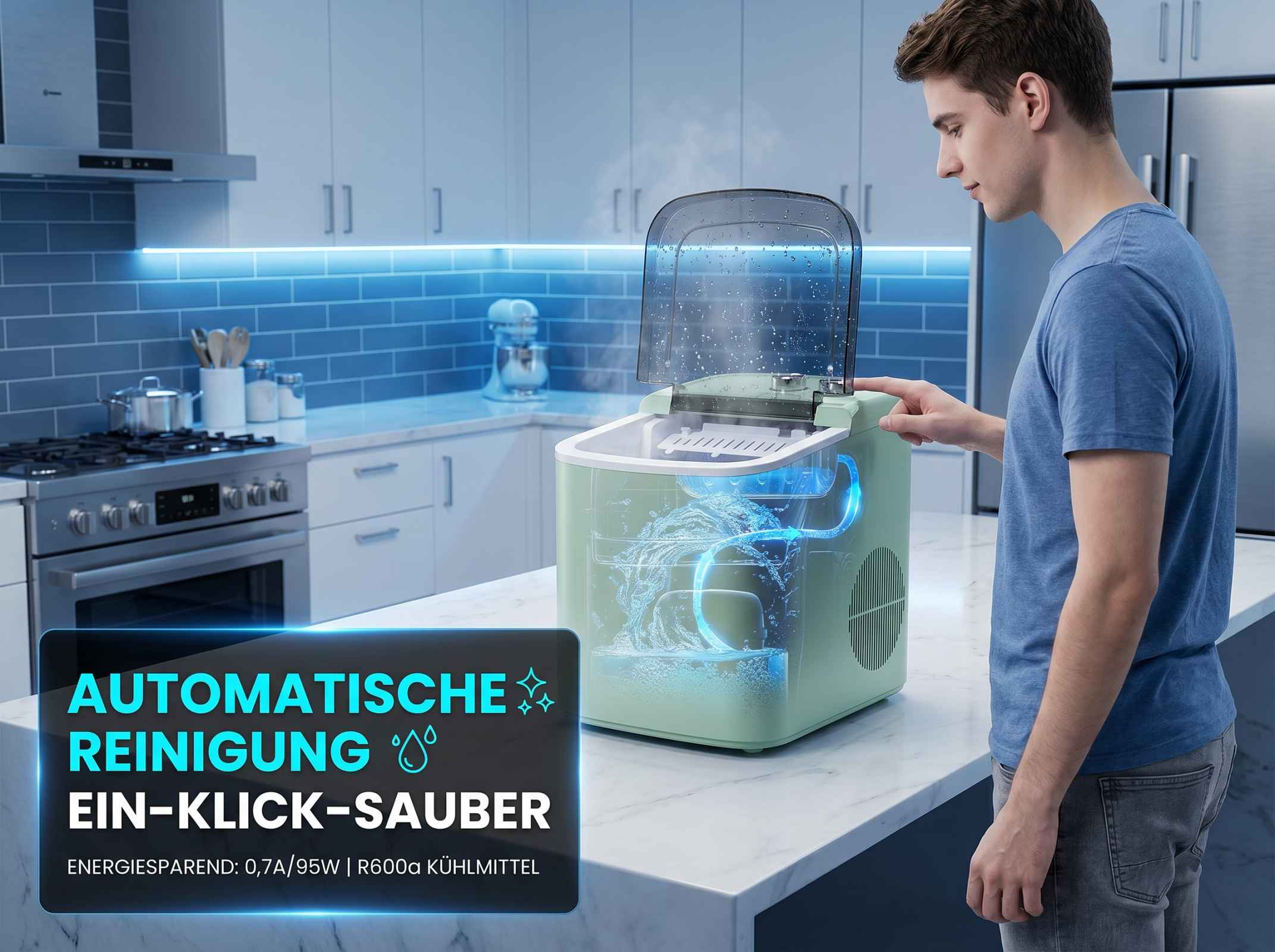 Mann in Küche bedient grüne Eismaschine mit automatischer Reinigung.