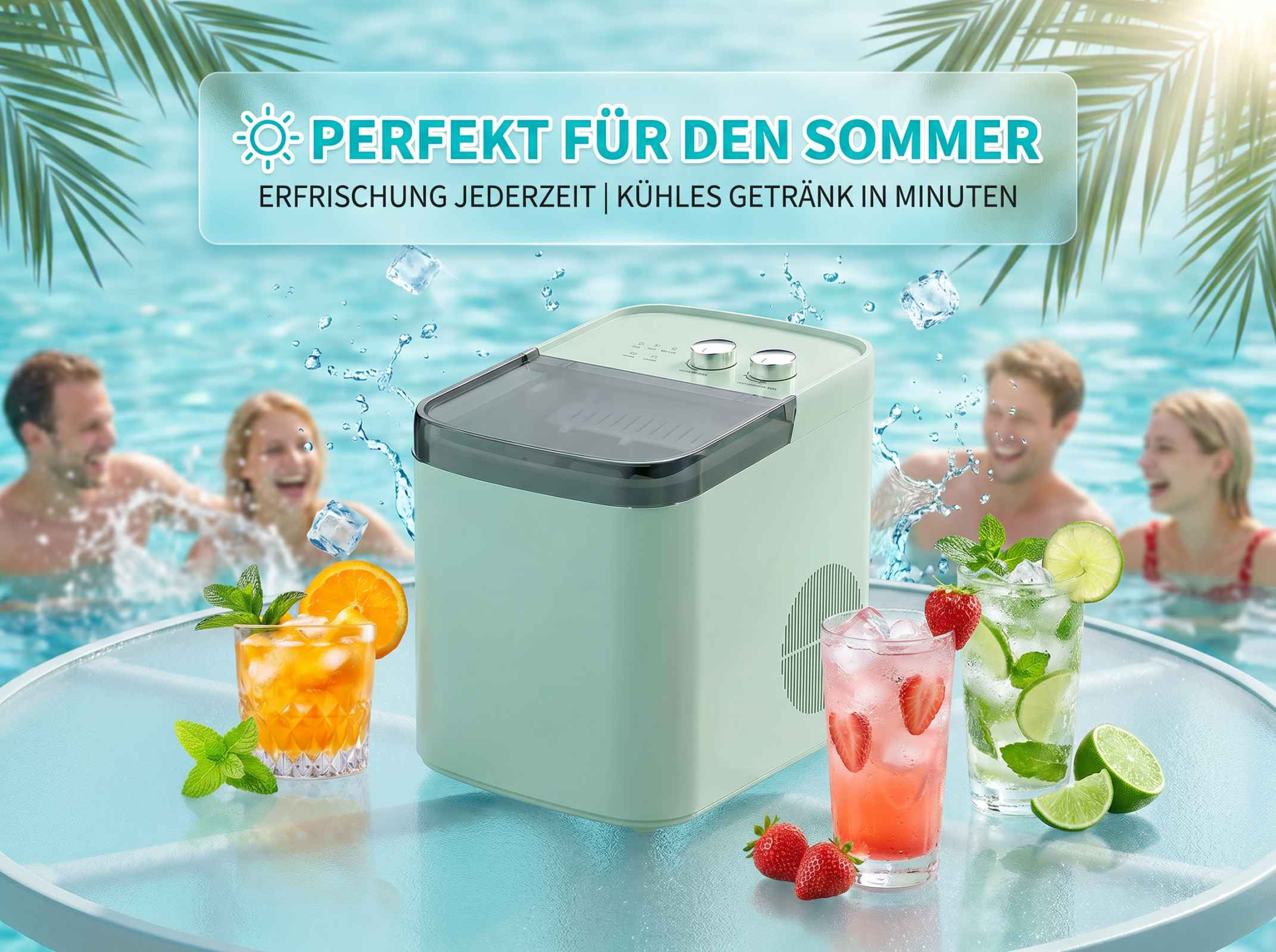 Eiswürfelmaschine neben Cocktails, Menschen im Pool, Palmenblätter.