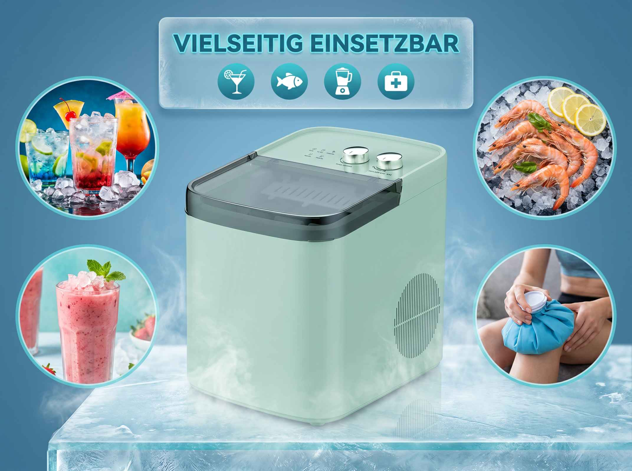 Ein mintgrüner Eiswürfelbereiter mit 4 runden Bildern: Cocktails, Garnelen, Smoothie und Eisbeutel.