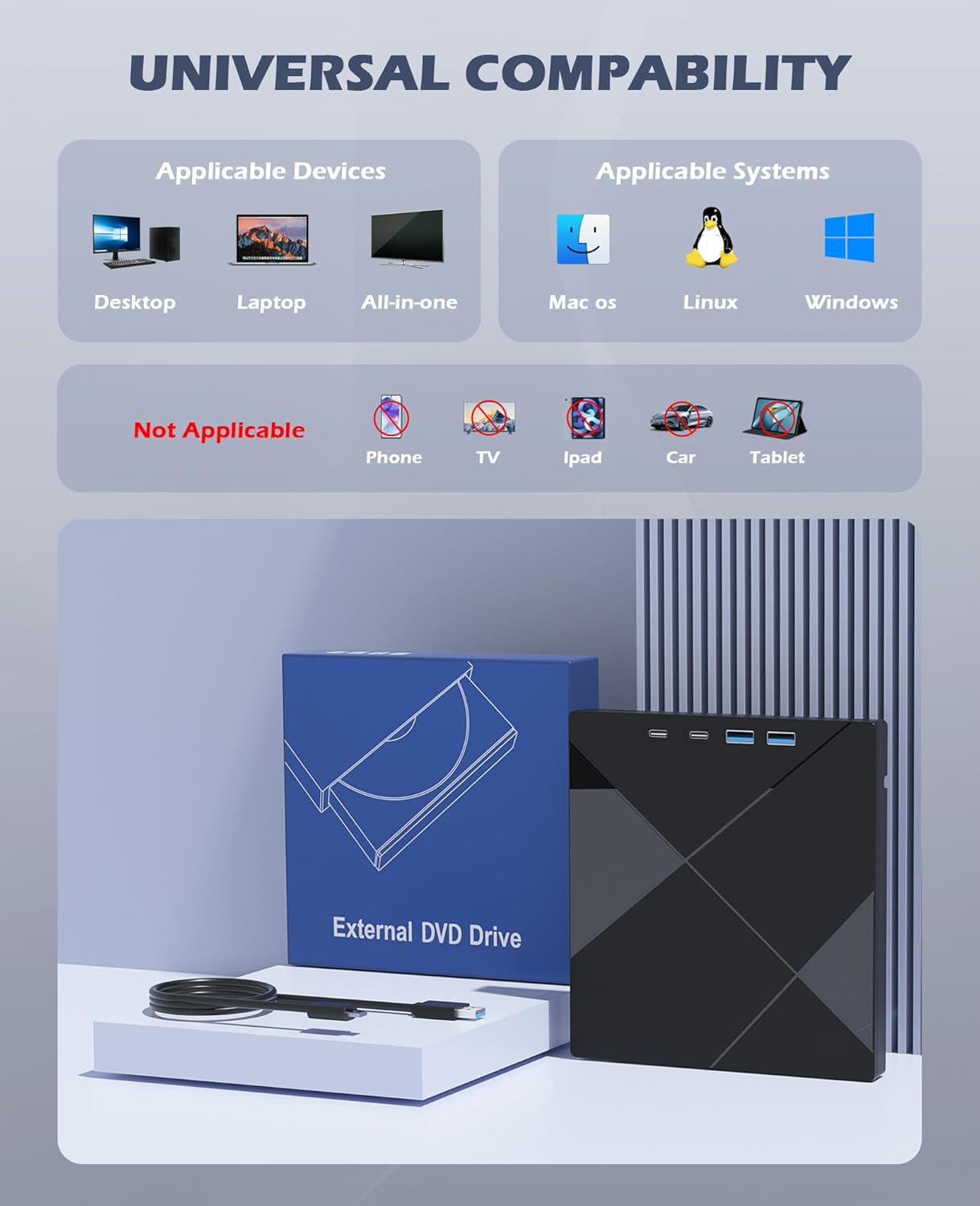 Ein externer DVD-Player mit Kabel und Verpackung. Kompatibel mit vielen Geräten.