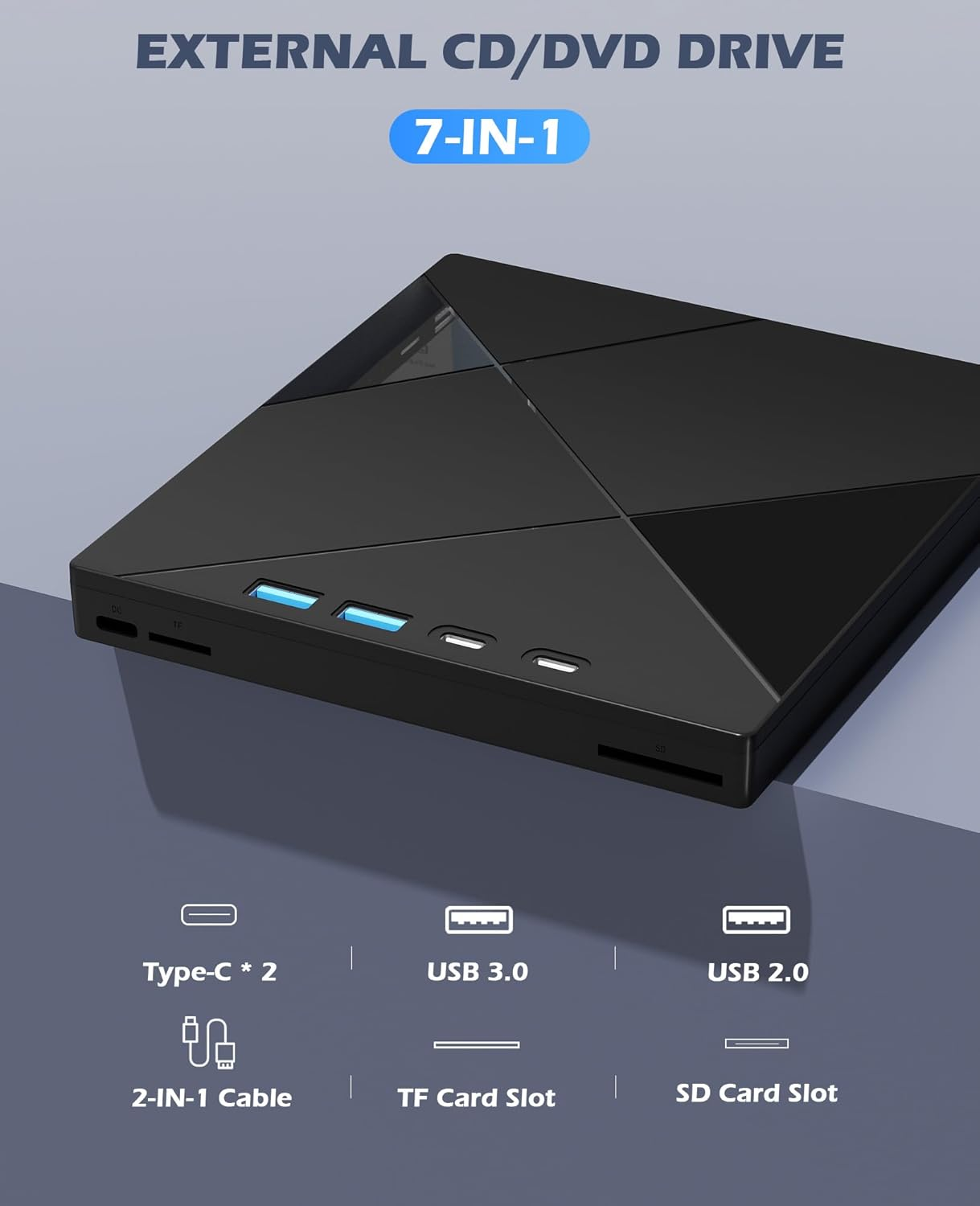 Schwarzes 7-in-1 externes CD/DVD-Laufwerk mit USB-C, USB 3.0, USB 2.0 Ports.