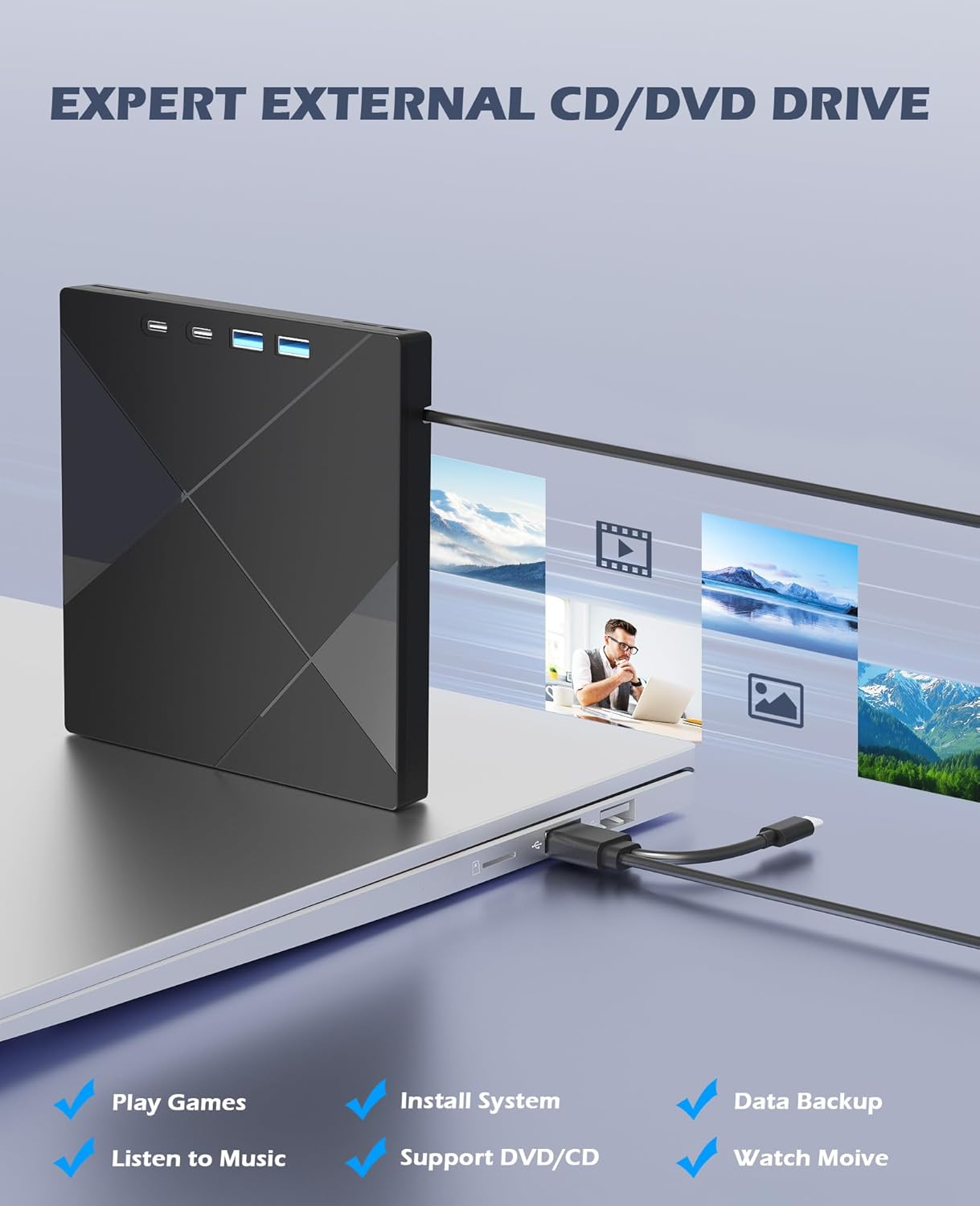 Schwarzer externer CD/DVD-Laufwerk mit USB-Anschluss an einem Laptop, mit Funktionssymbolen.