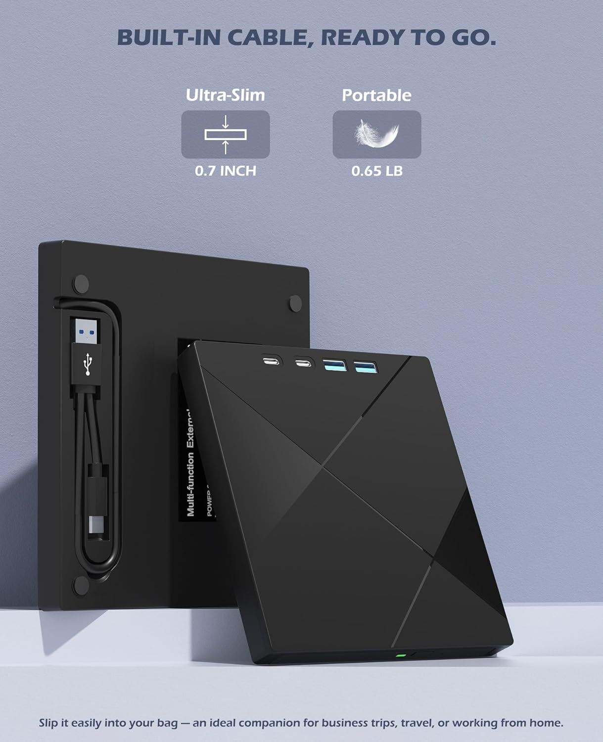 Schwarzes externes Laufwerk mit integriertem Kabel und USB-Anschlüssen.