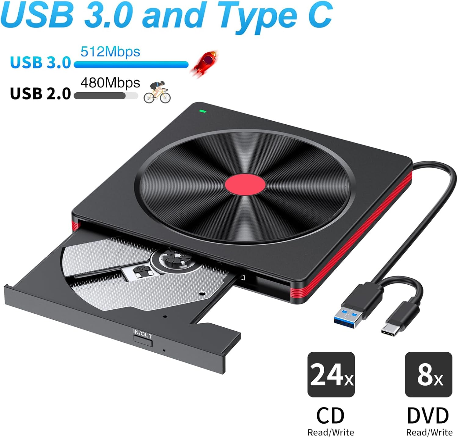 Schwarzer externer CD/DVD-Brenner mit USB 3.0 und Typ-C-Anschluss.