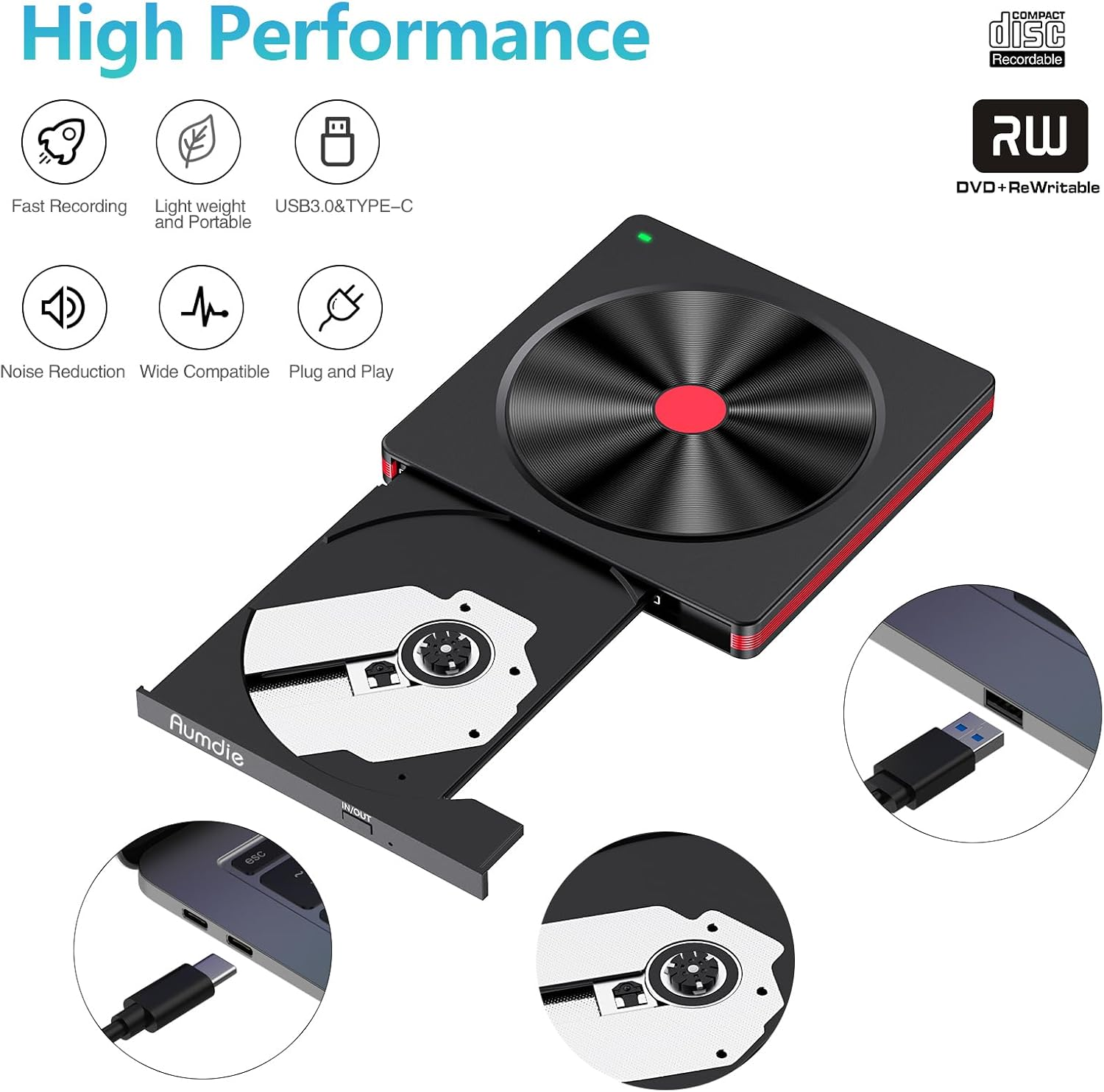 Schwarzer DVD-RW-Brenner mit ausgefahrenem Fach, USB-C- und USB-A-Anschluss.