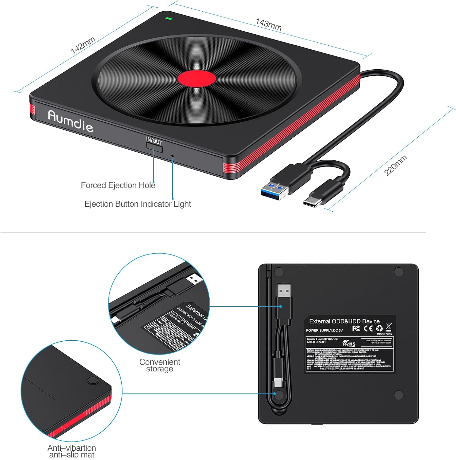Schwarzes externes optisches Laufwerk mit roten Akzenten, USB-C und USB-A Kabel.