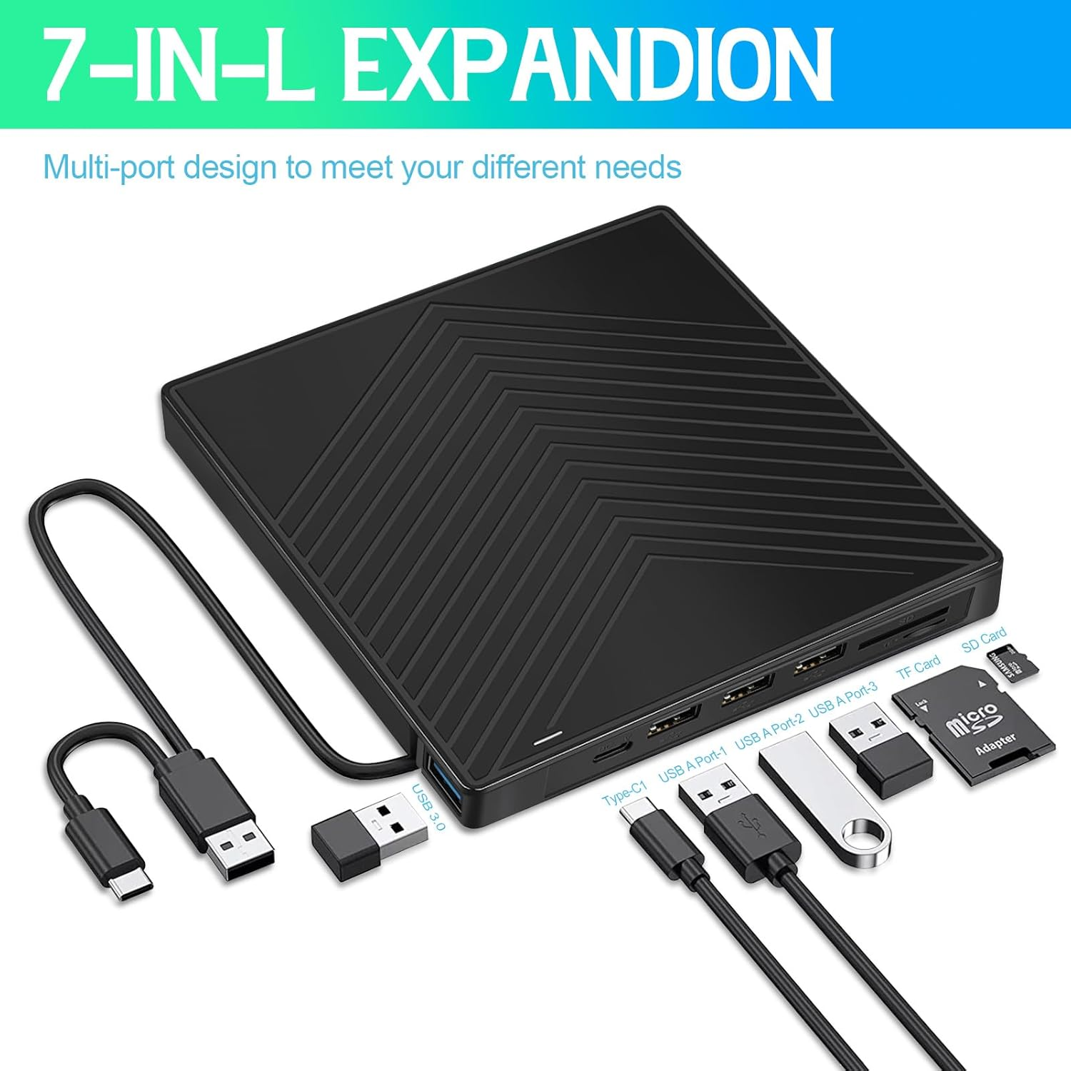 Schwarzer USB-C-Hub mit mehreren Anschlüssen: USB-A, TF- und SD-Kartensteckplätzen.