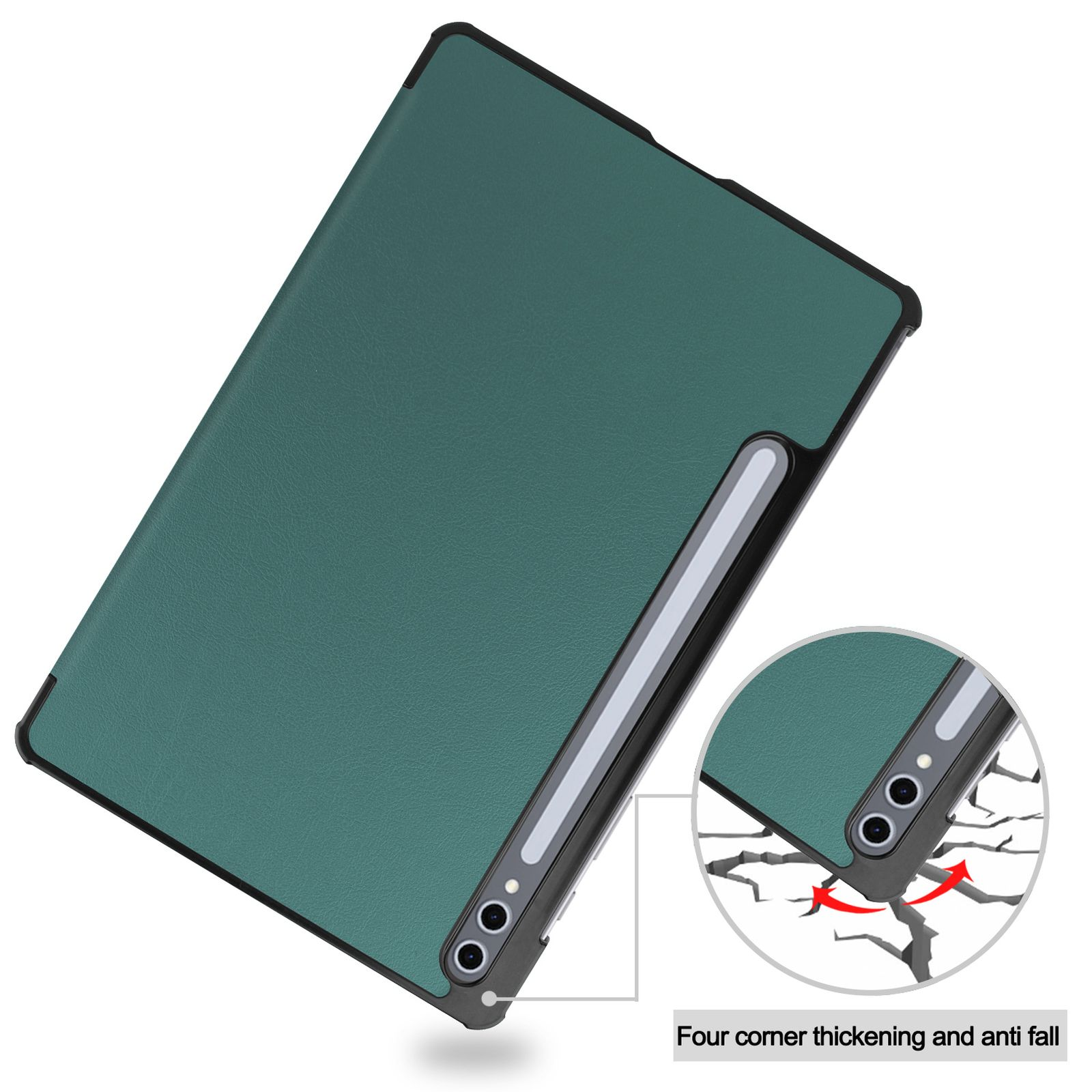Custodia verde scuro per tablet con portapenne e primo piano protezione angoli.