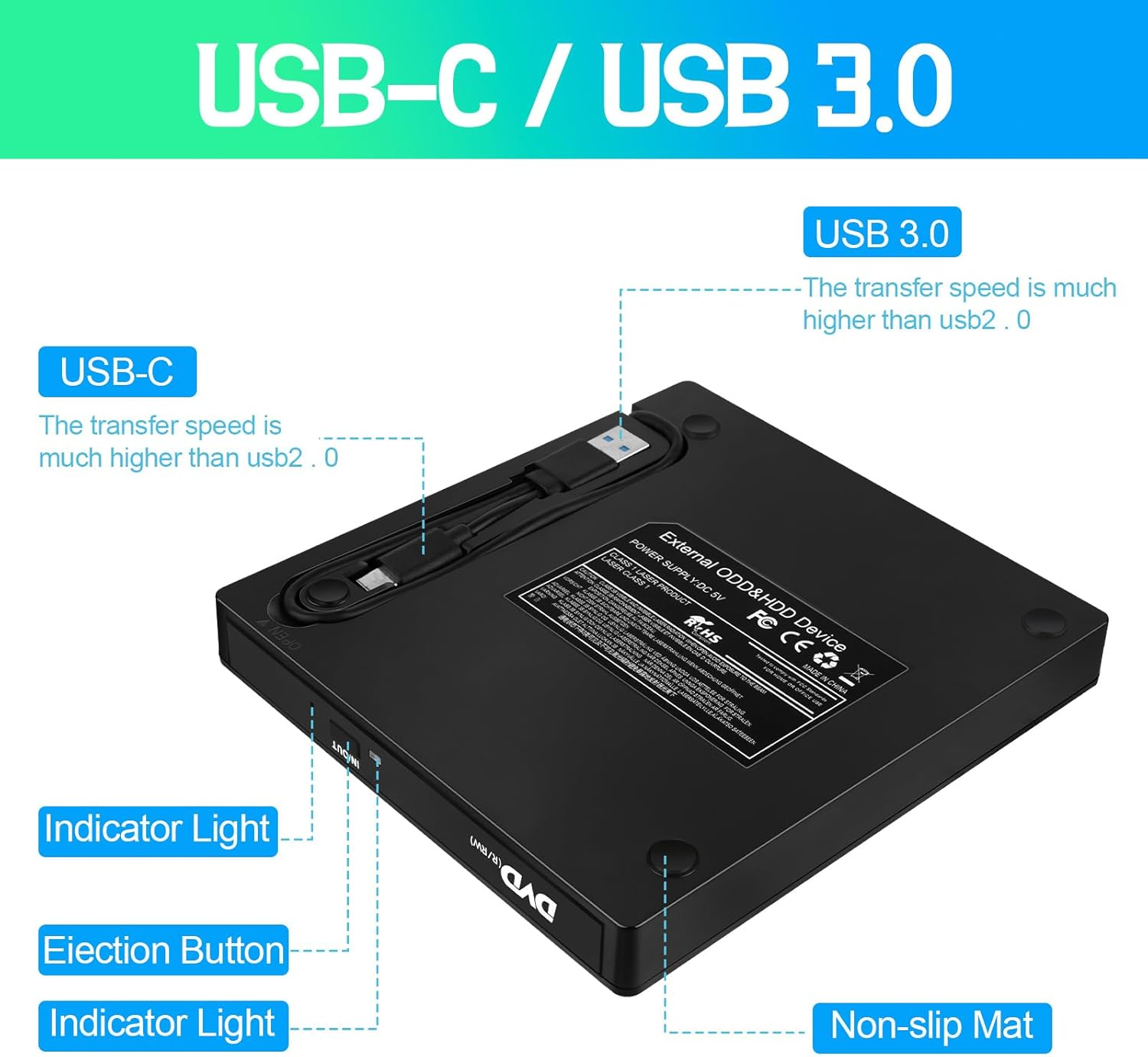 Schwarzes externes DVD-Laufwerk mit USB-C- und USB-3.0-Anschlüssen.