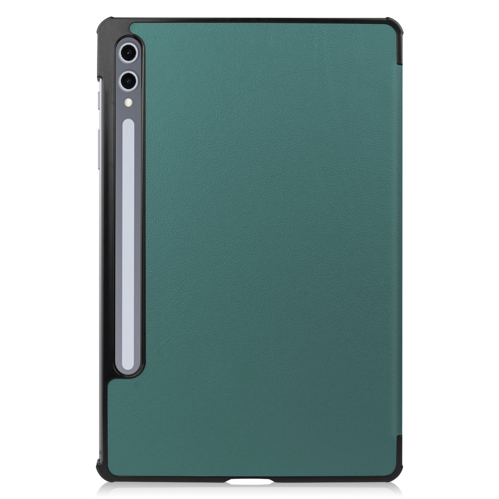 Custodia verde per tablet con portapenne e foro per fotocamera, su sfondo bianco.