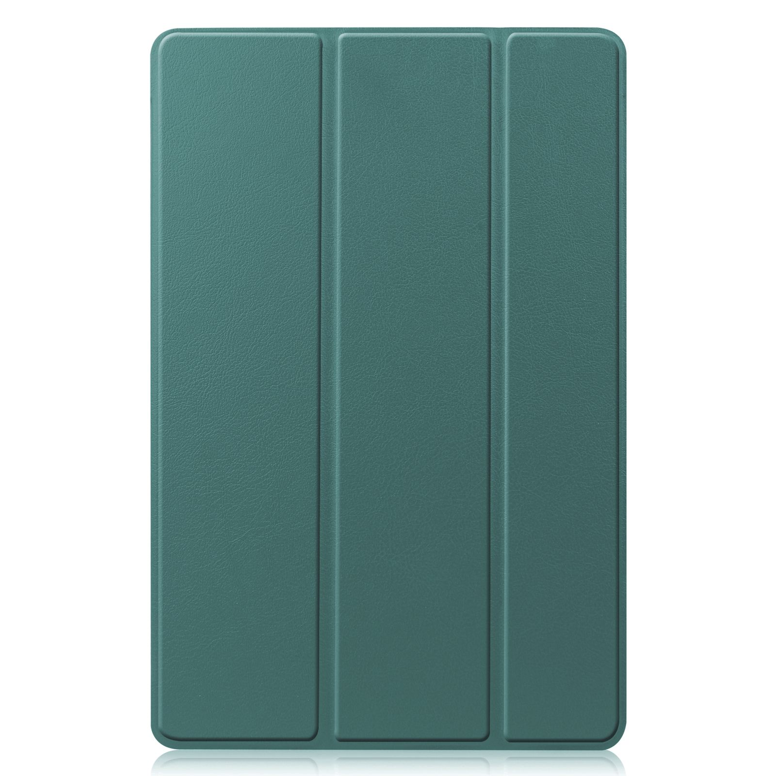 Custodia verde per tablet con tre segmenti pieghevoli su sfondo bianco.