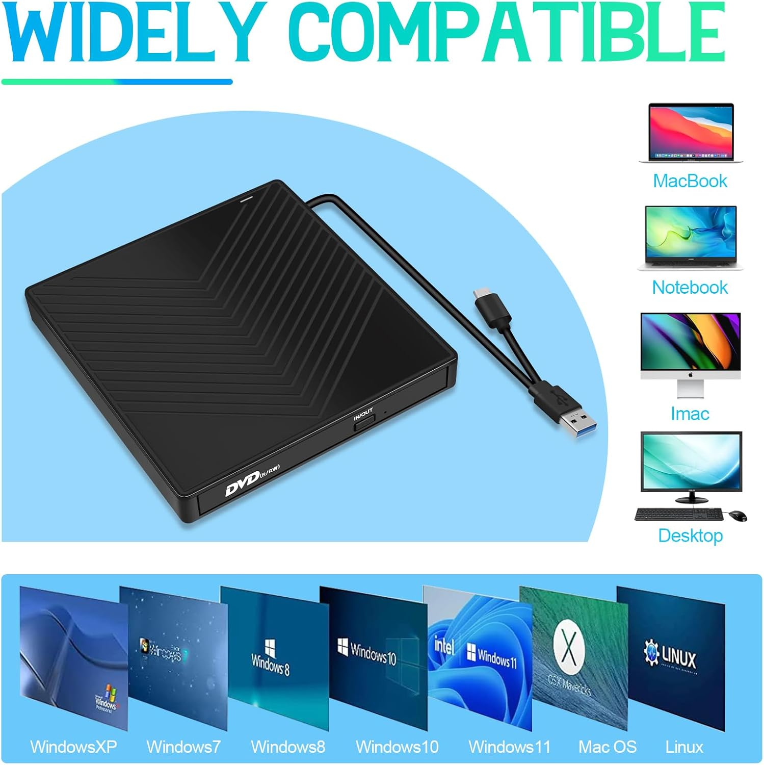Schwarzer externer DVD-Brenner mit USB-C, kompatibel mit Macs, Laptops, Desktops und Windows/Linux.
