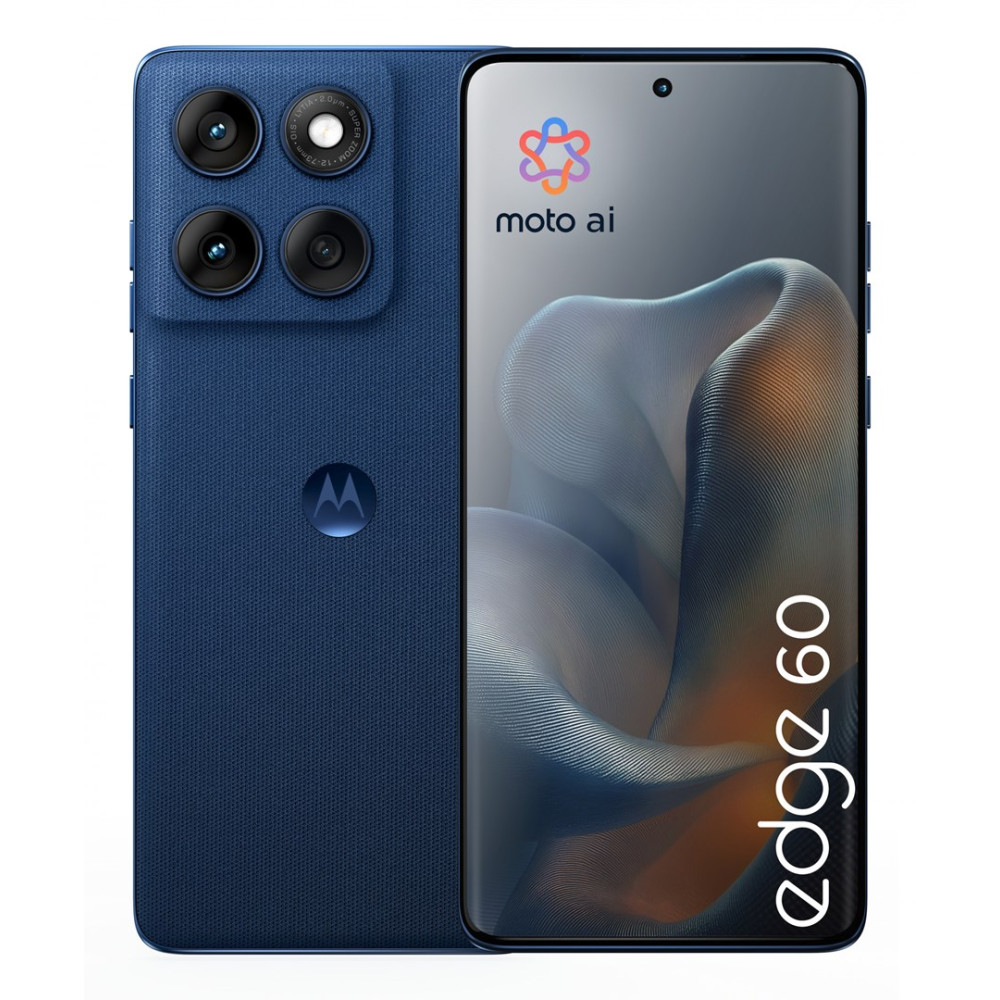 Ciemnoniebieski smartfon z czterema aparatami i logo „moto ai” na ekranie.