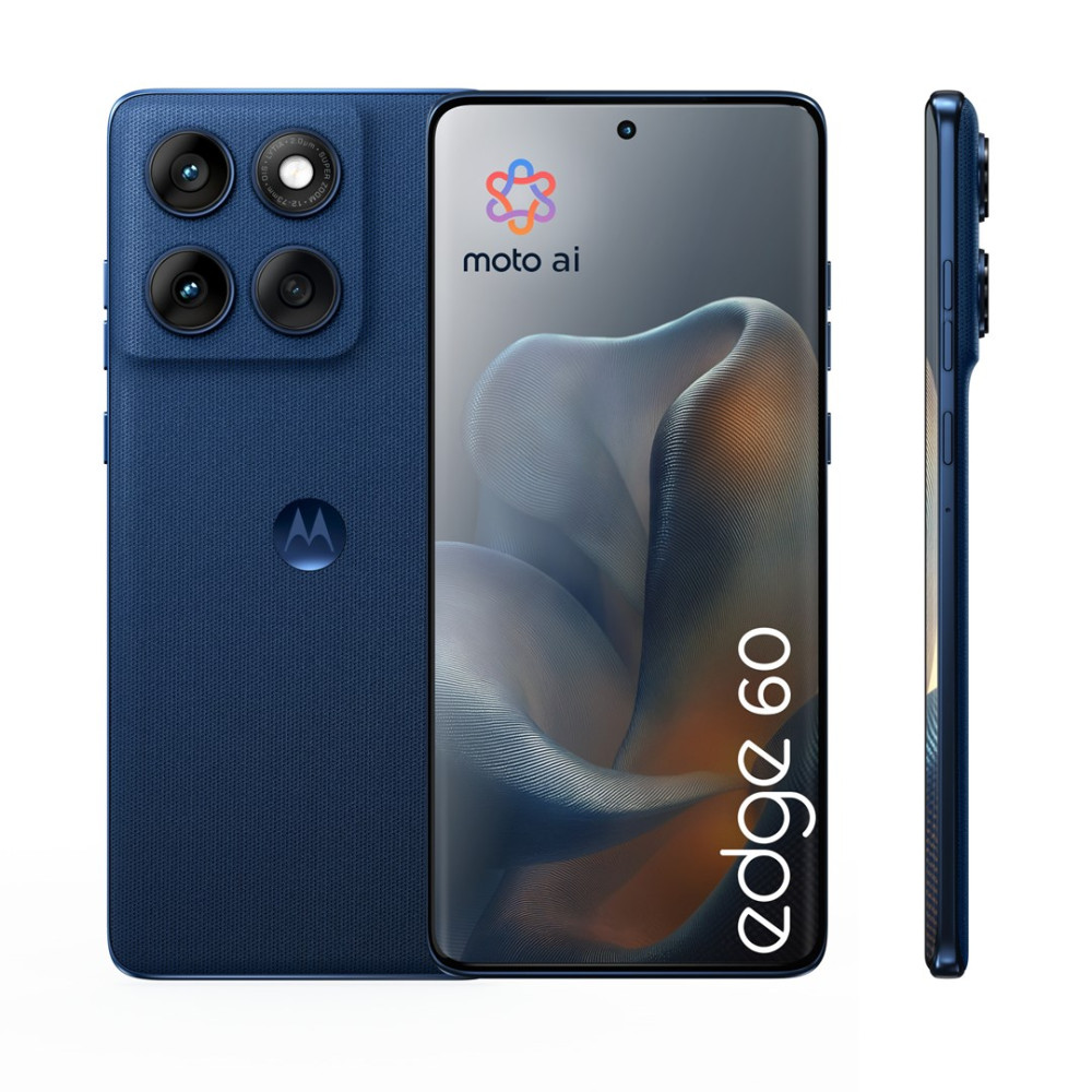 Trzy widoki niebieskiego smartfona Motorola Edge 60 z czterema aparatami z tyłu.