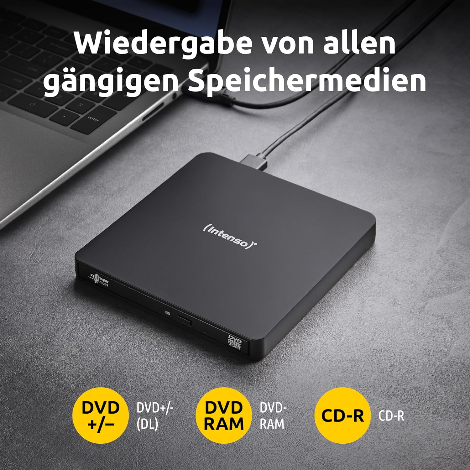 Schwarzer externer DVD-Brenner mit Laptop und verschiedenen Speichermedien-Symbolen.