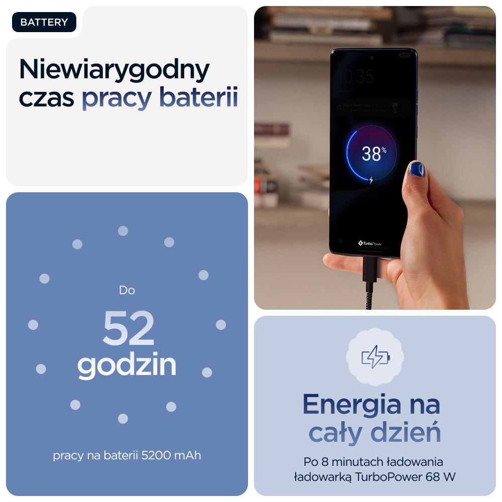 Smartfon jest ładowany, pokazuje 38% baterii i 'TurboPower'.