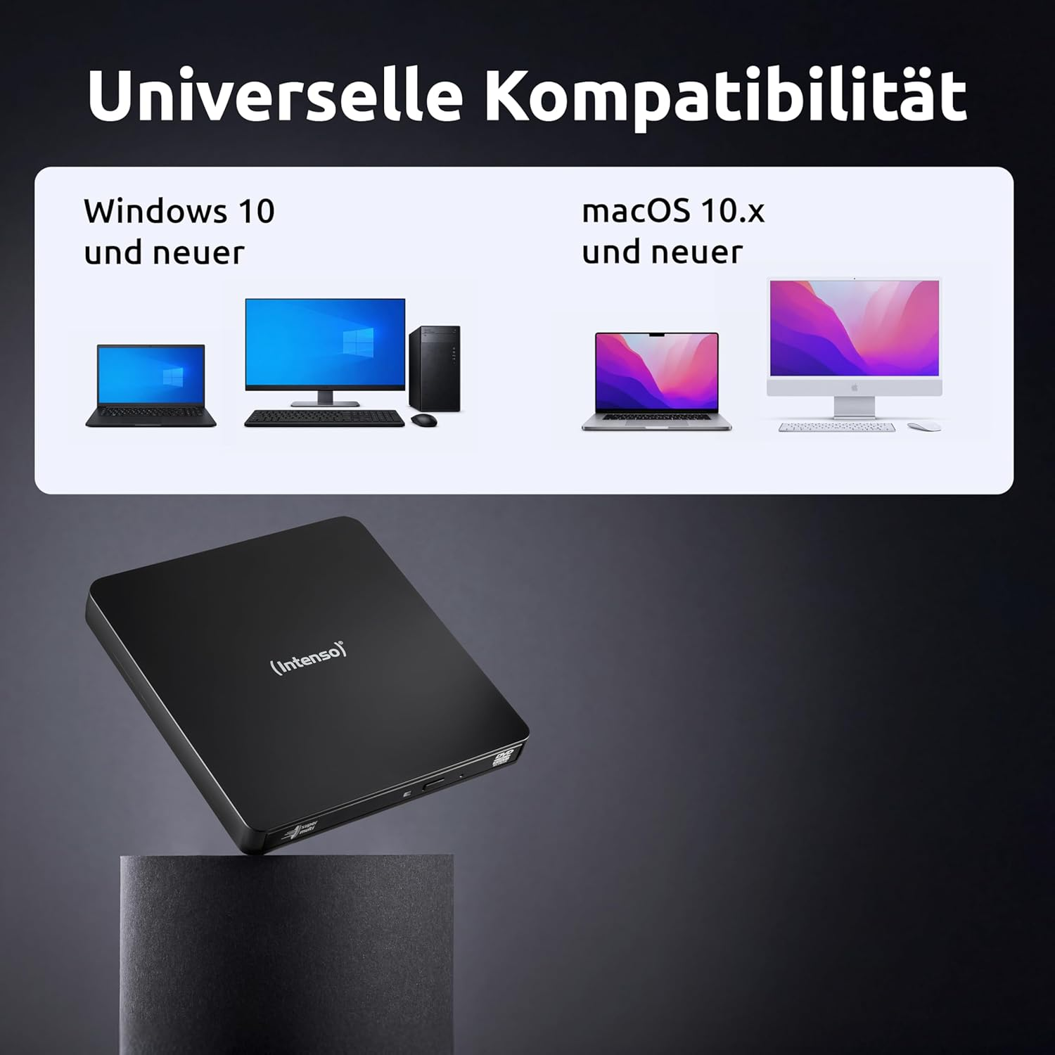 Schwarzes externes Laufwerk mit Intenso-Logo, kompatibel mit Windows und macOS.
