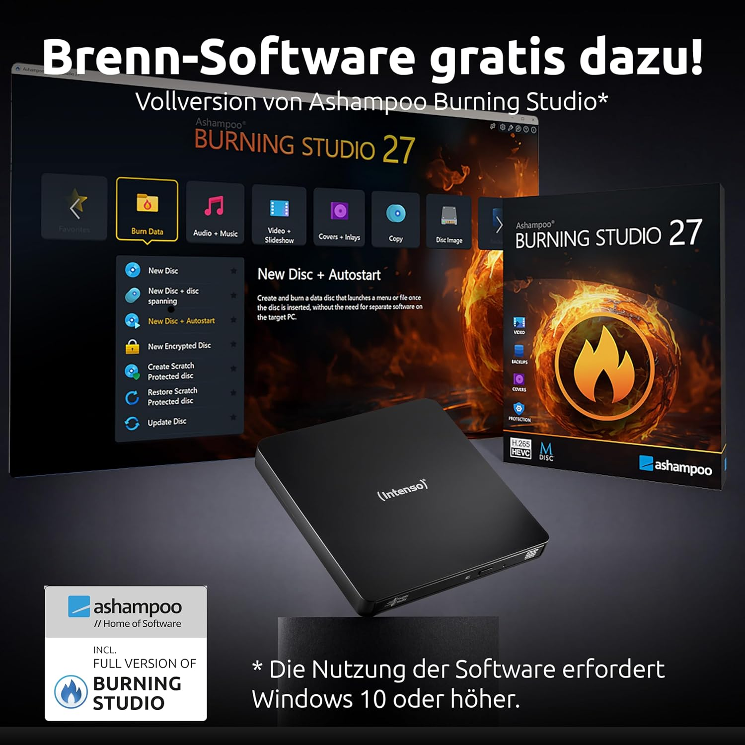 Ashampoo Burning Studio 27 Software mit externem DVD-Laufwerk und Benutzeroberfläche.