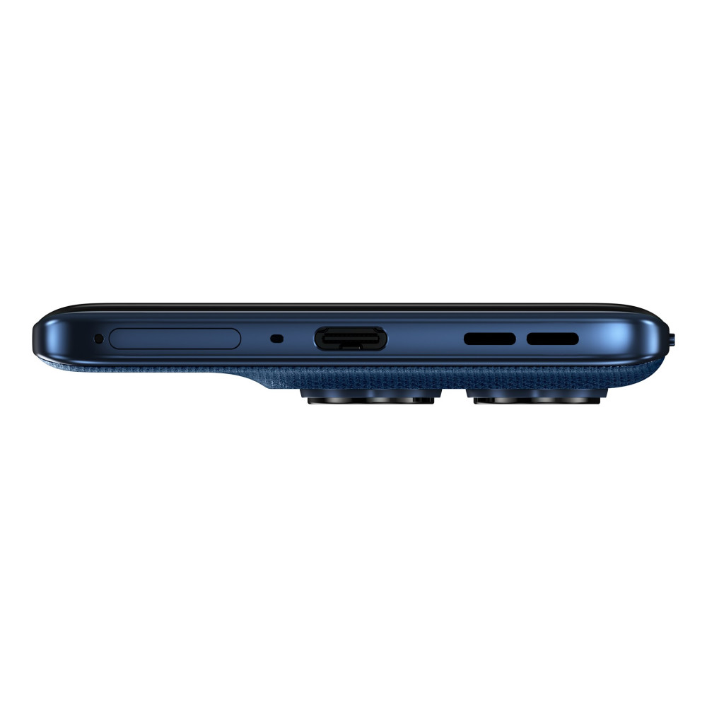 Zbliżenie na dół niebieskiego smartfona, z portem USB-C i dwoma obiektywami.