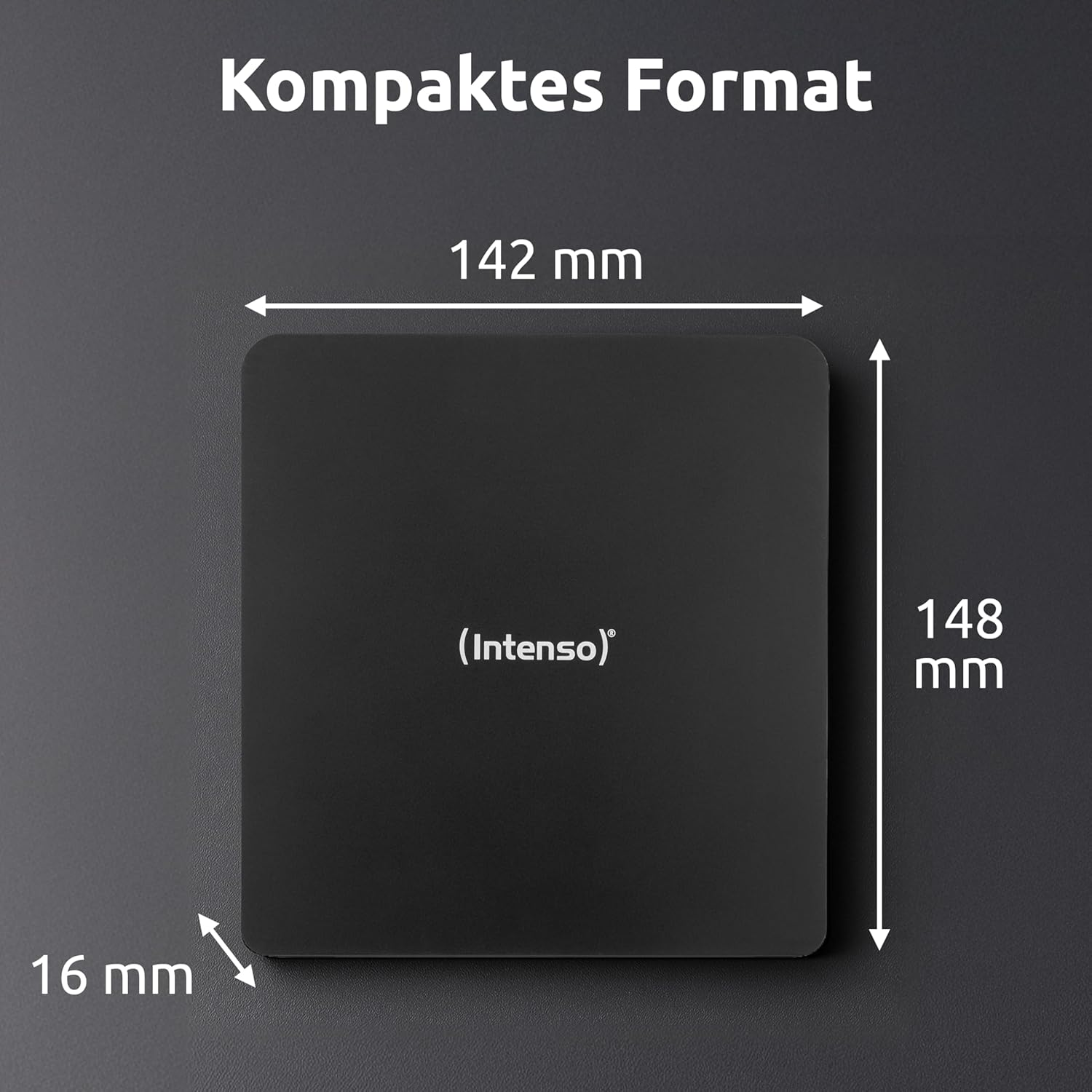 Schwarzes, kompaktes Gerät mit Maßen 142x148x16 mm und dem Logo (Intenso).