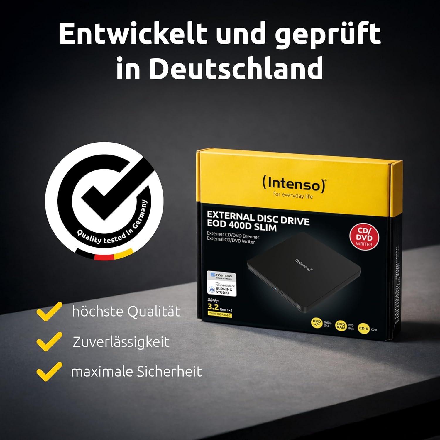 Intenso externer CD/DVD-Brenner, schwarz, mit Qualitätssiegel und Text.