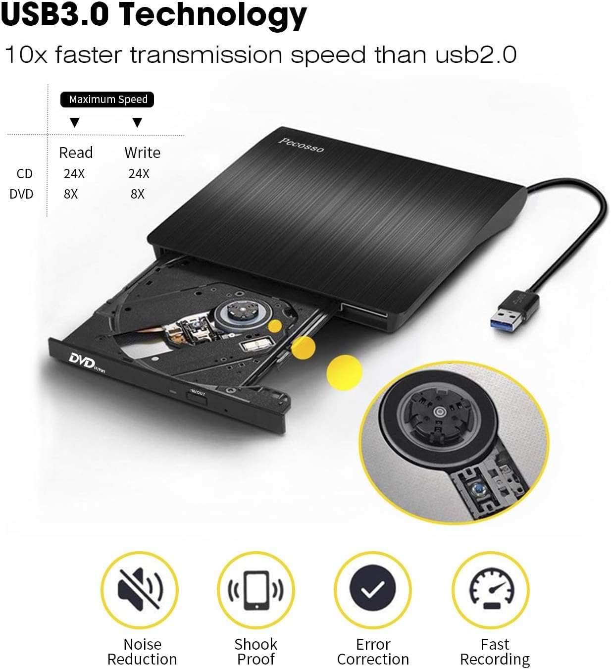 Schwarzes USB 3.0 DVD-Laufwerk mit offenem Fach, Scheibe und Kabel. Icons unten.
