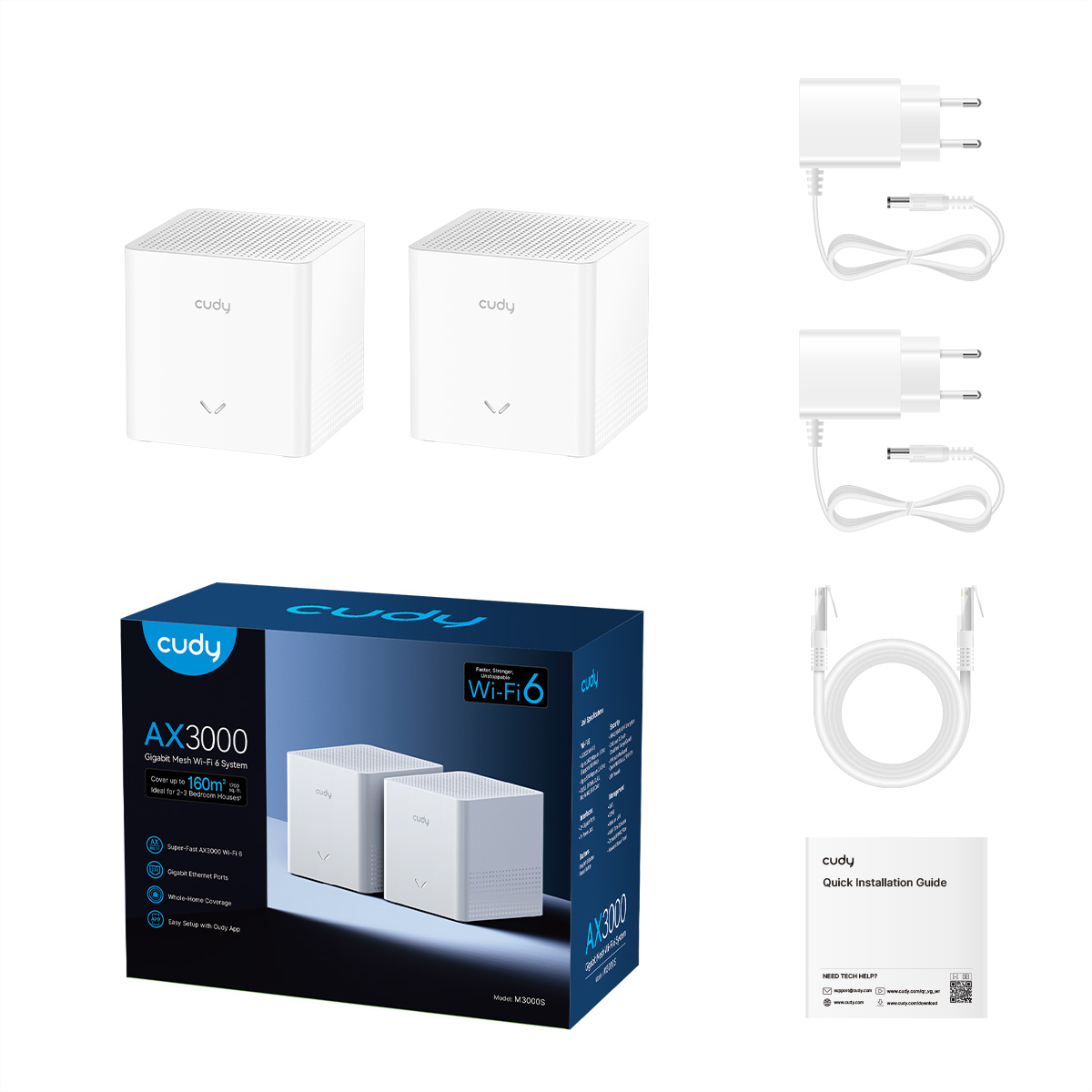 Zwei weiße Cudy AX3000 Mesh-Router, Netzteil und Kabel liegen daneben.