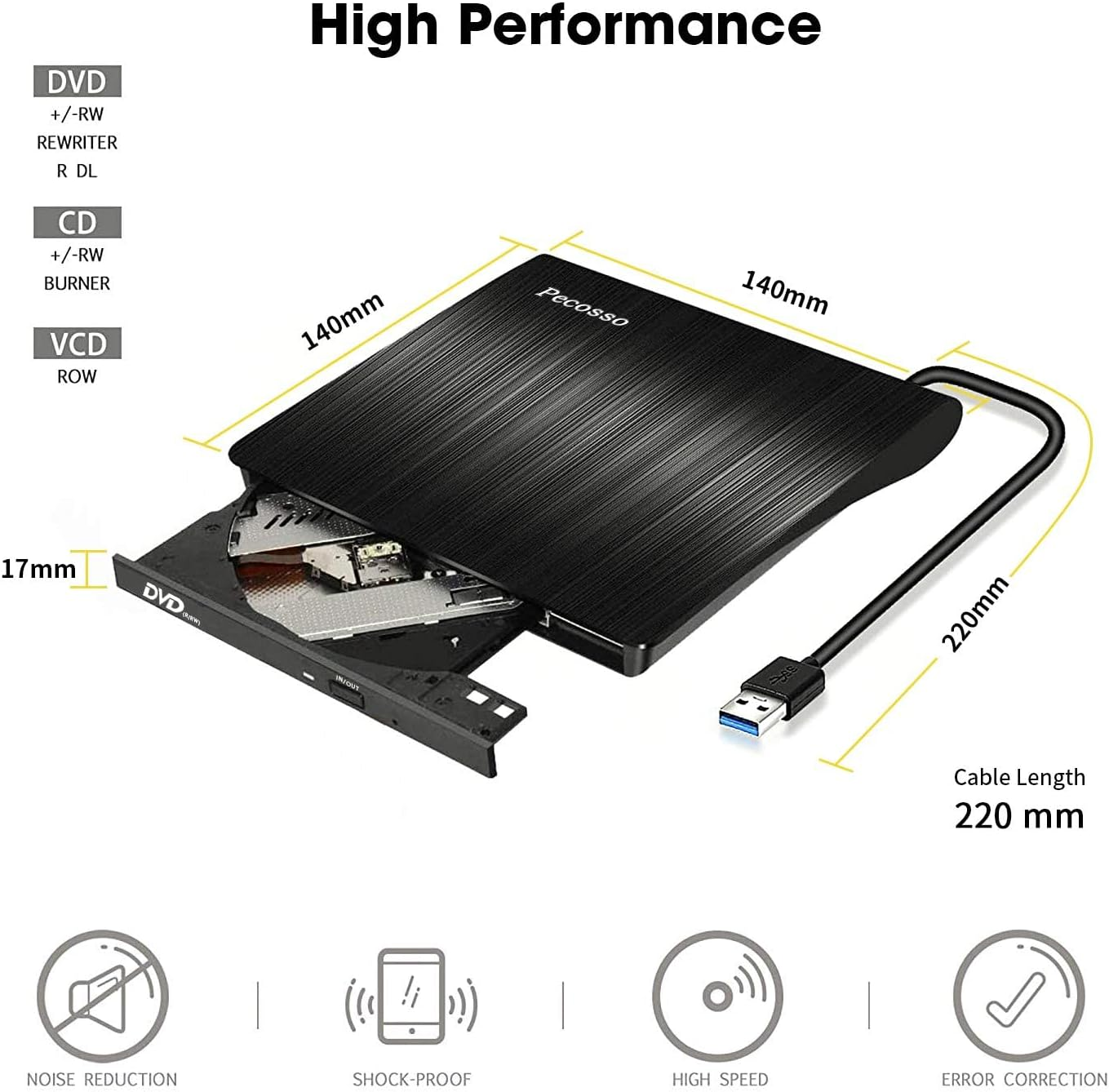 Schwarzes externes DVD-Laufwerk mit USB-Kabel, Maße 140mm x 140mm, 17mm Höhe.