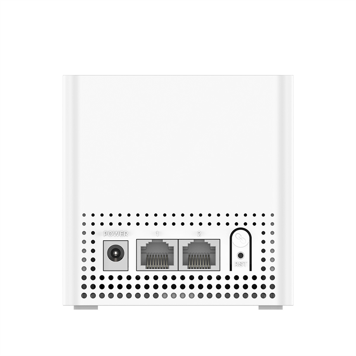 Rückseite eines weißen Routers mit Anschlüssen: Strom, 2x LAN, Reset-Taste.