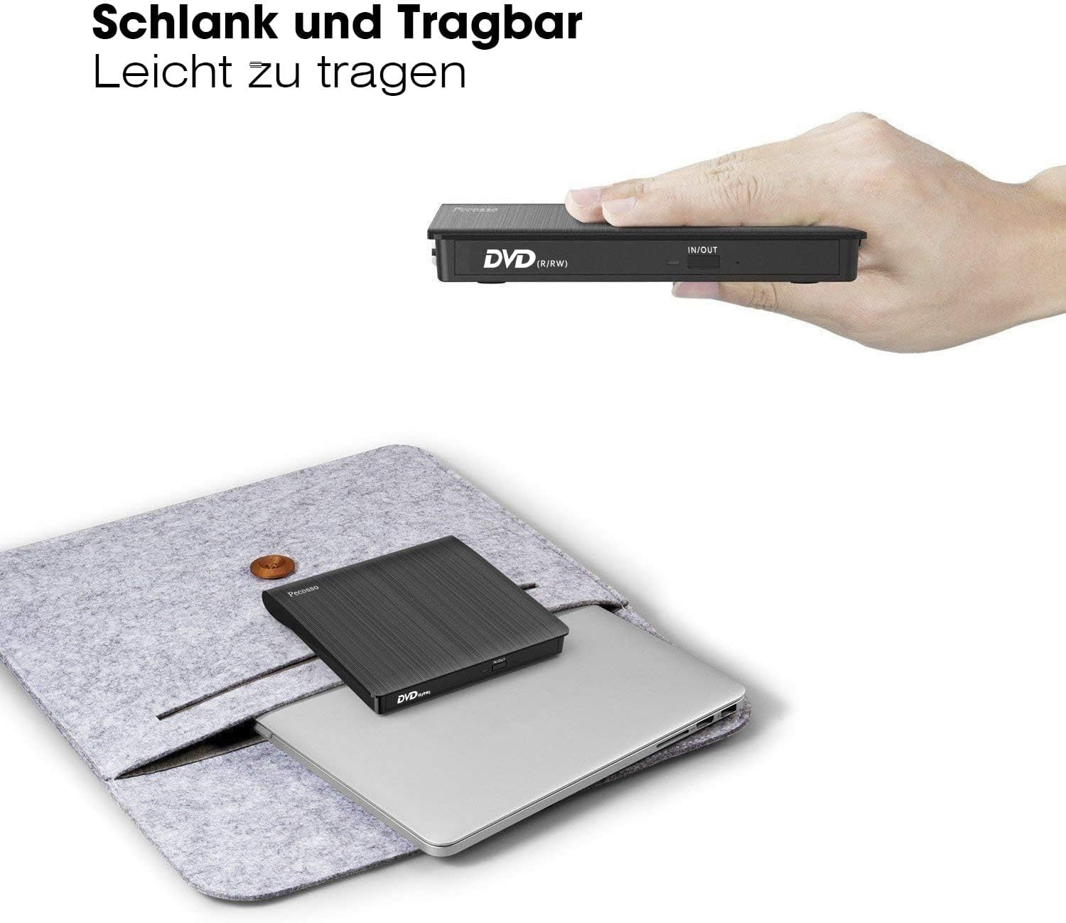 Ein schlanker DVD-Brenner liegt auf einem Laptop in einer Filztasche.