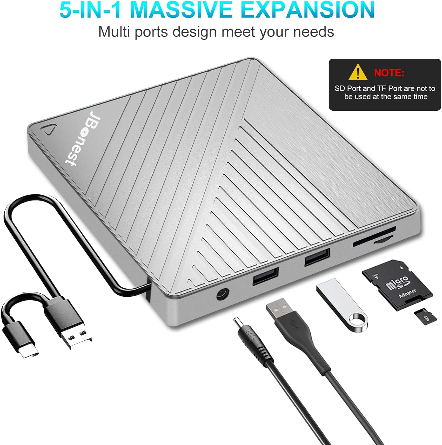 Silberner 5-in-1-Hub mit USB-C, USB-A, SD/TF-Kartensteckplätzen und Kabeln.