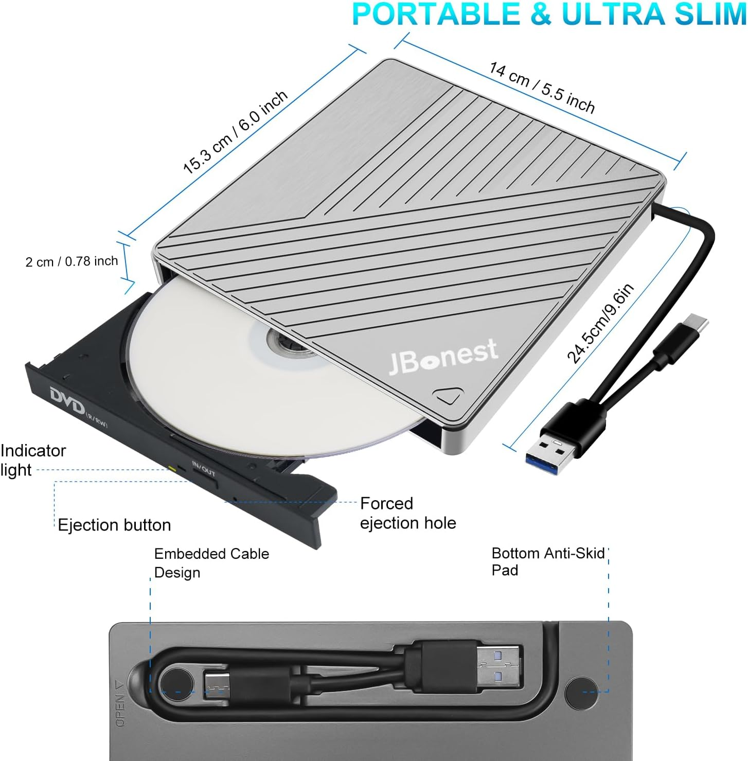Tragbares DVD-Laufwerk mit Disc, USB-Kabel und Maßen.