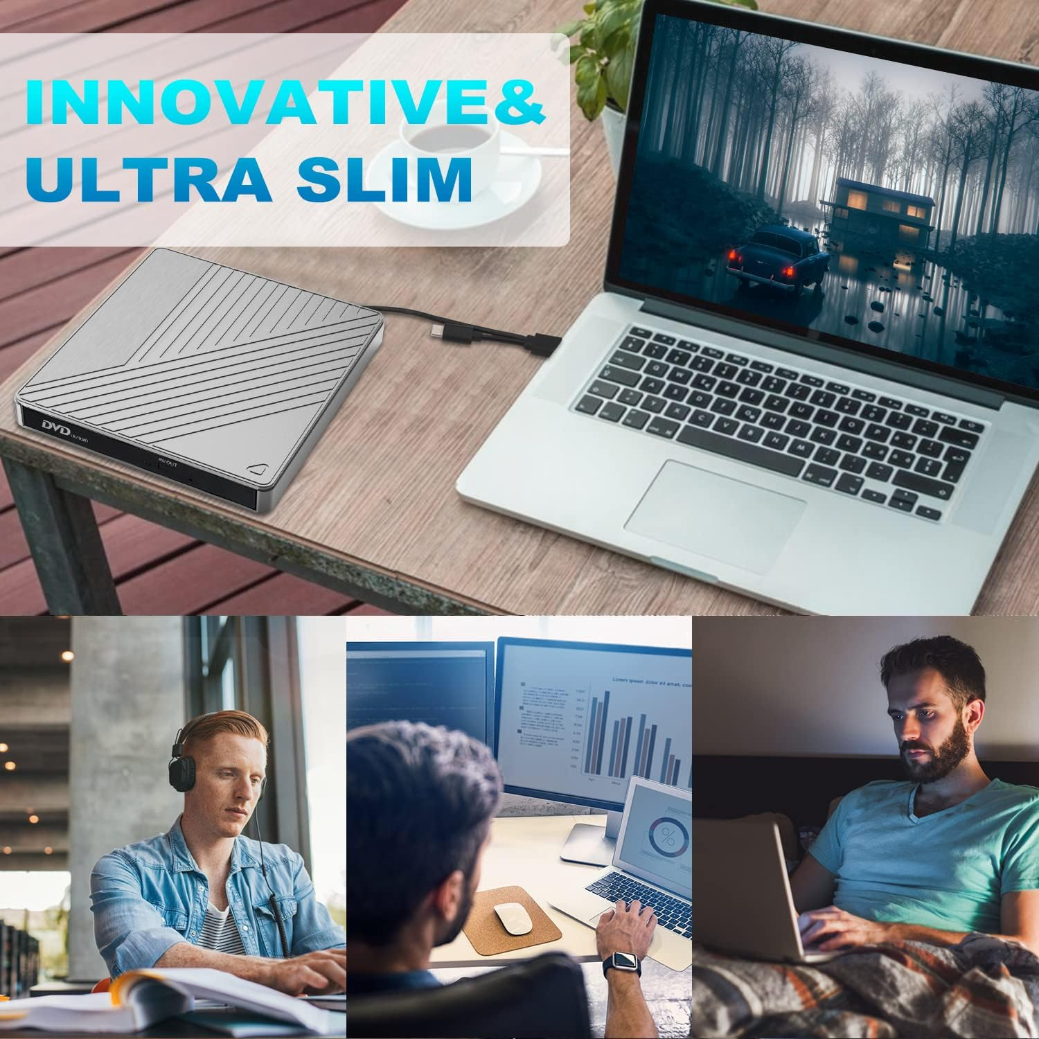 Slim DVD-Laufwerk neben Laptop; Männer arbeiten an Computern.