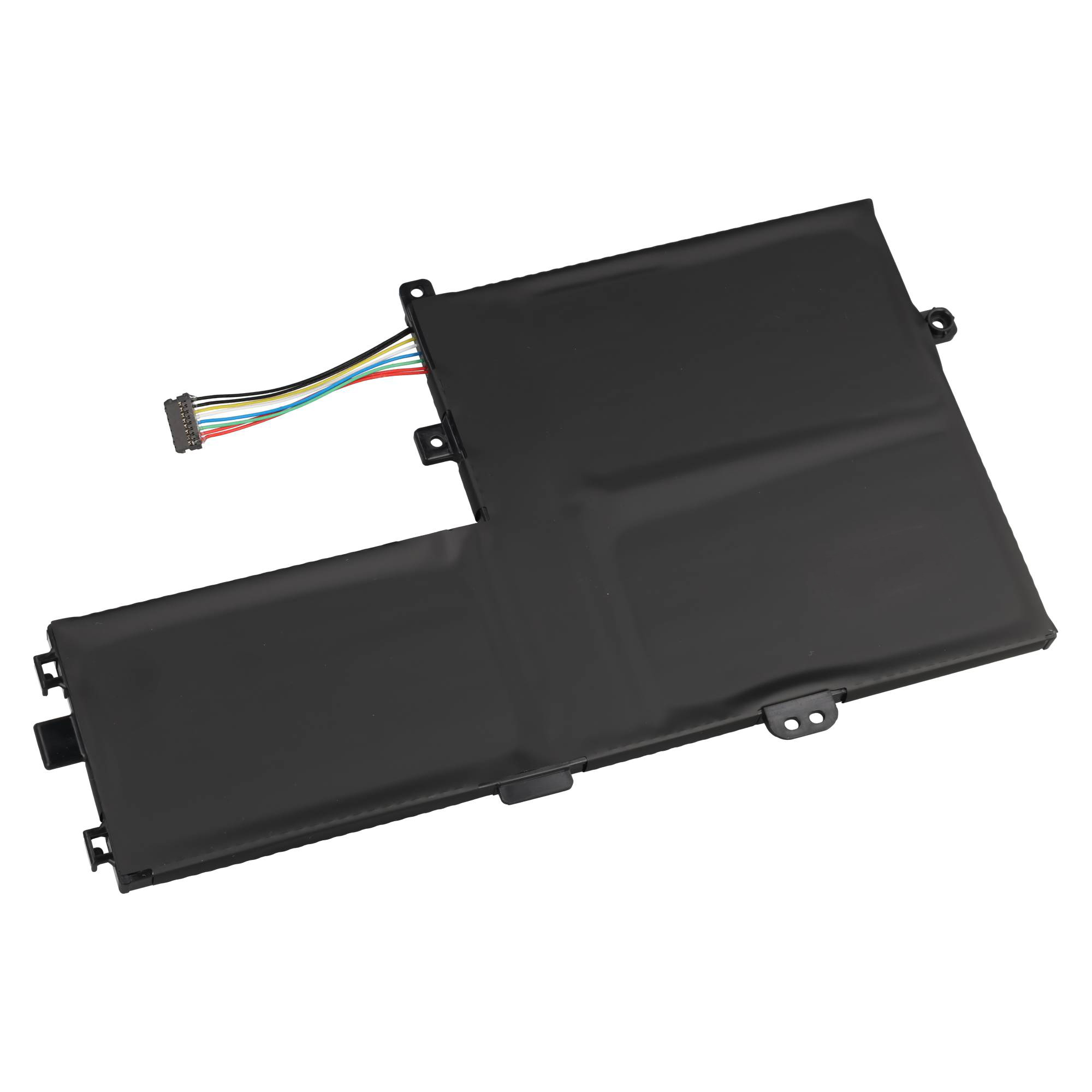 Schwarzer Laptop-Akku mit buntem Kabel und Stecker.