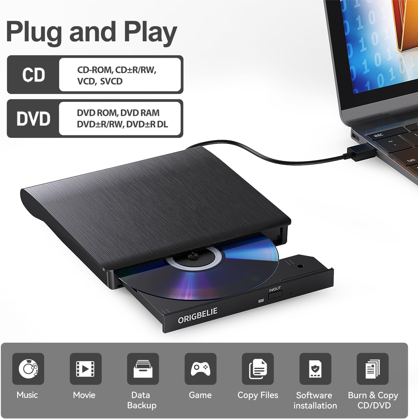 Schwarzes externes CD/DVD-Laufwerk an einen Laptop angeschlossen, mit eingelegter Disc.