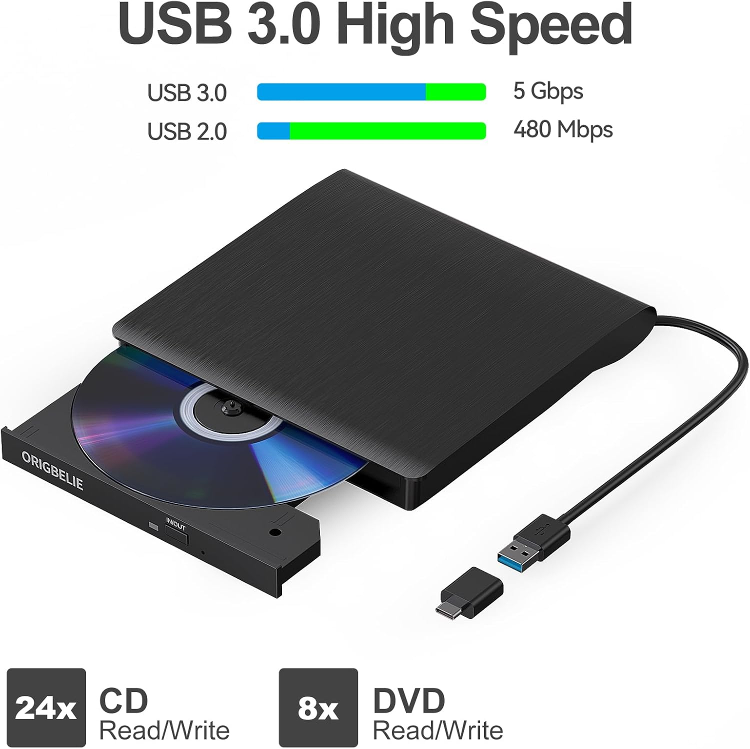 Schwarzer externer USB 3.0 CD/DVD-Brenner mit eingelegter Disc und USB-C-Adapter.